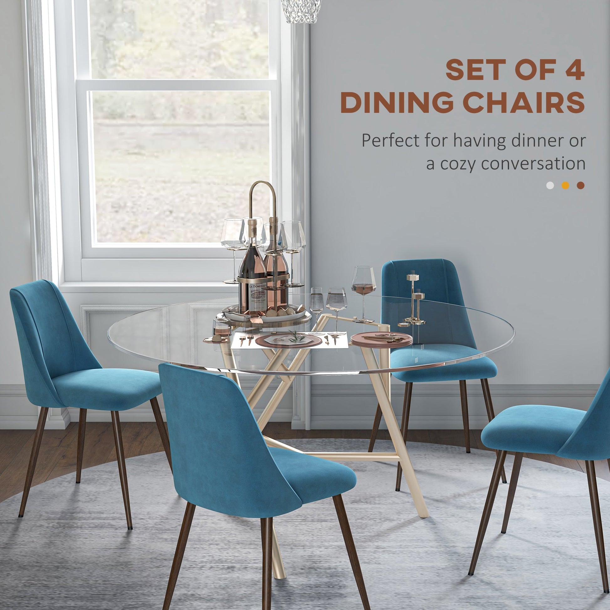 Dining Chairs Set of 4, Modern Kitchen Chair with Velvet-touch Upholstery, Curved Back and Wood-grain Steel Leg for Living Room, Bedroom, Blue Bar Stools   at Gallery Canada