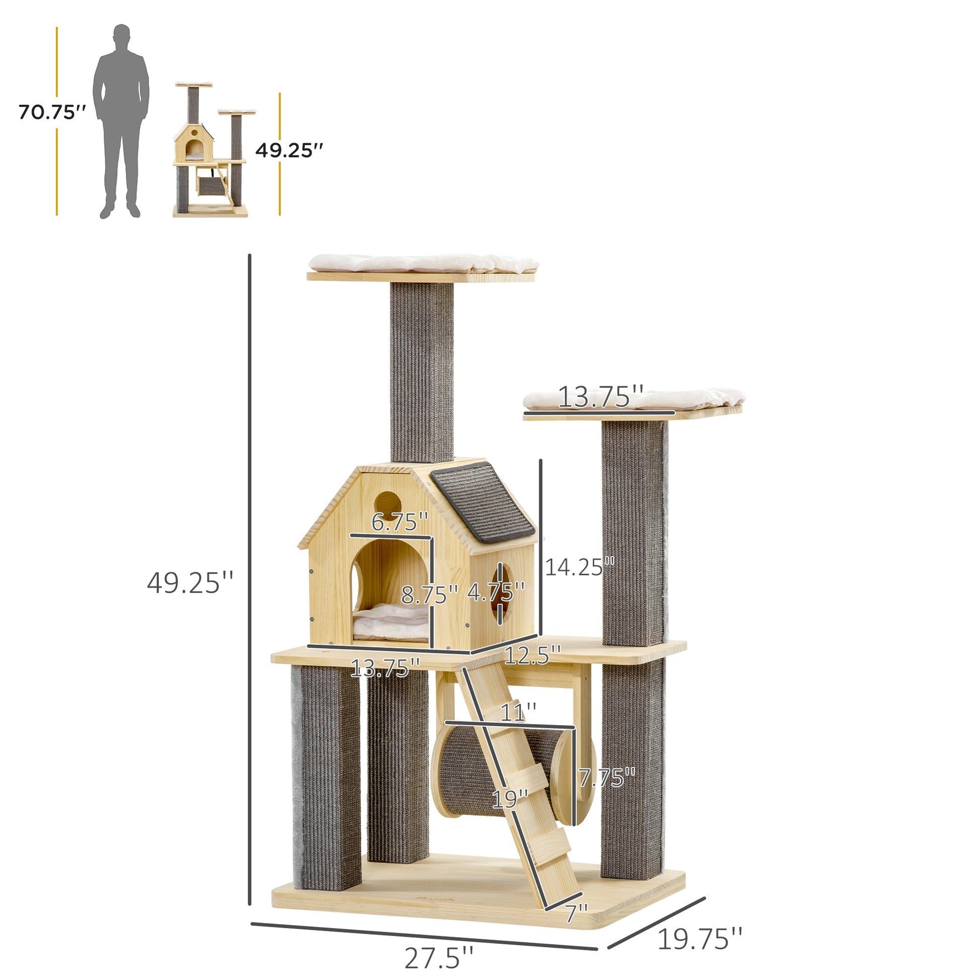 49" Cat Tree Kitty Activity Center Wooden Cat Climbing Toy Pet Furniture with Cat Condo Cat Roller Ladder Cushions Sisal Scratching Post Pad, Natural Cat Towers Multi Colour  at Gallery Canada