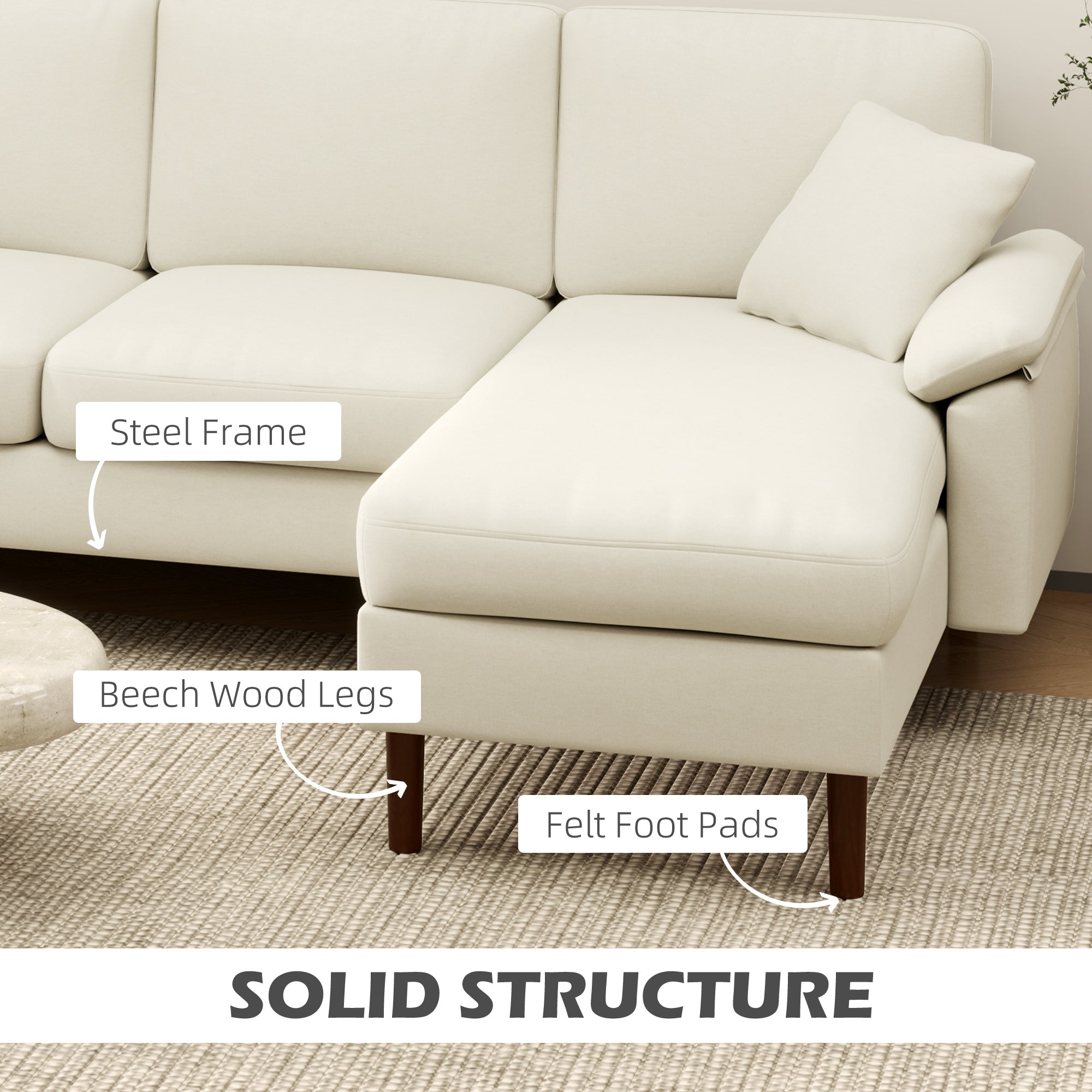 L-Shape Sofa, Modern Sectional Couch with Changeable Chaise Lounge, Pillows and Wooden Legs for Living Room, Cream White 3-Seater Sofas at Gallery Canada