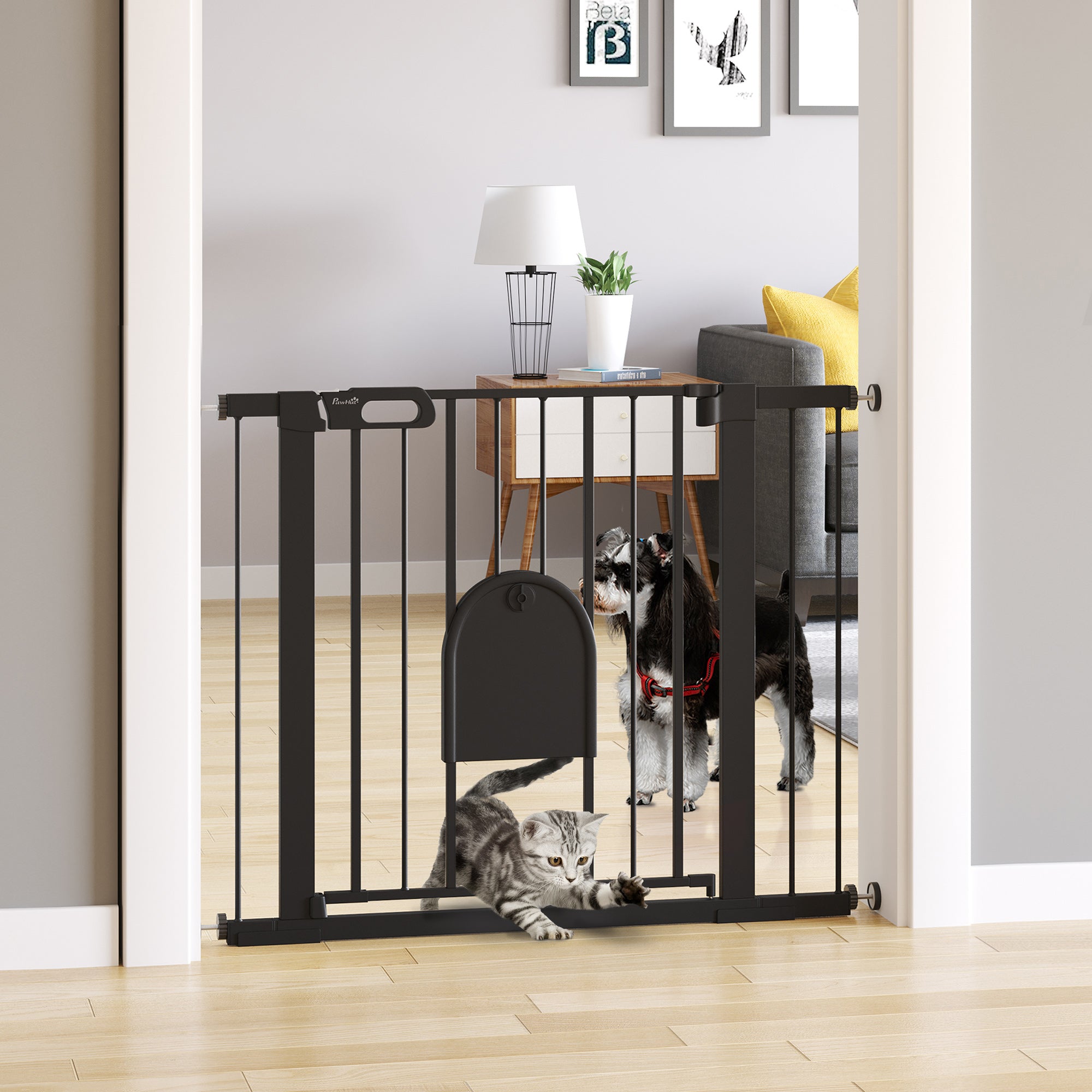 Extra Wide Pet Gate with Cat Door, Auto Close, Double Locking, Black Houses, Kennels & Pens   at Gallery Canada