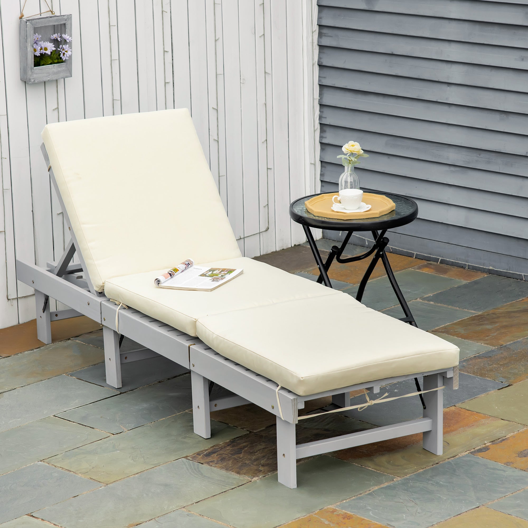 Wooden Folding Chaise Lounge, Outdoor Chaise Lounge Chair, Garden Reclining Tanning Chair with 4 Adjustable Back Soft Cushions, Light Grey Chaise Loungers Multi Colour  at Gallery Canada