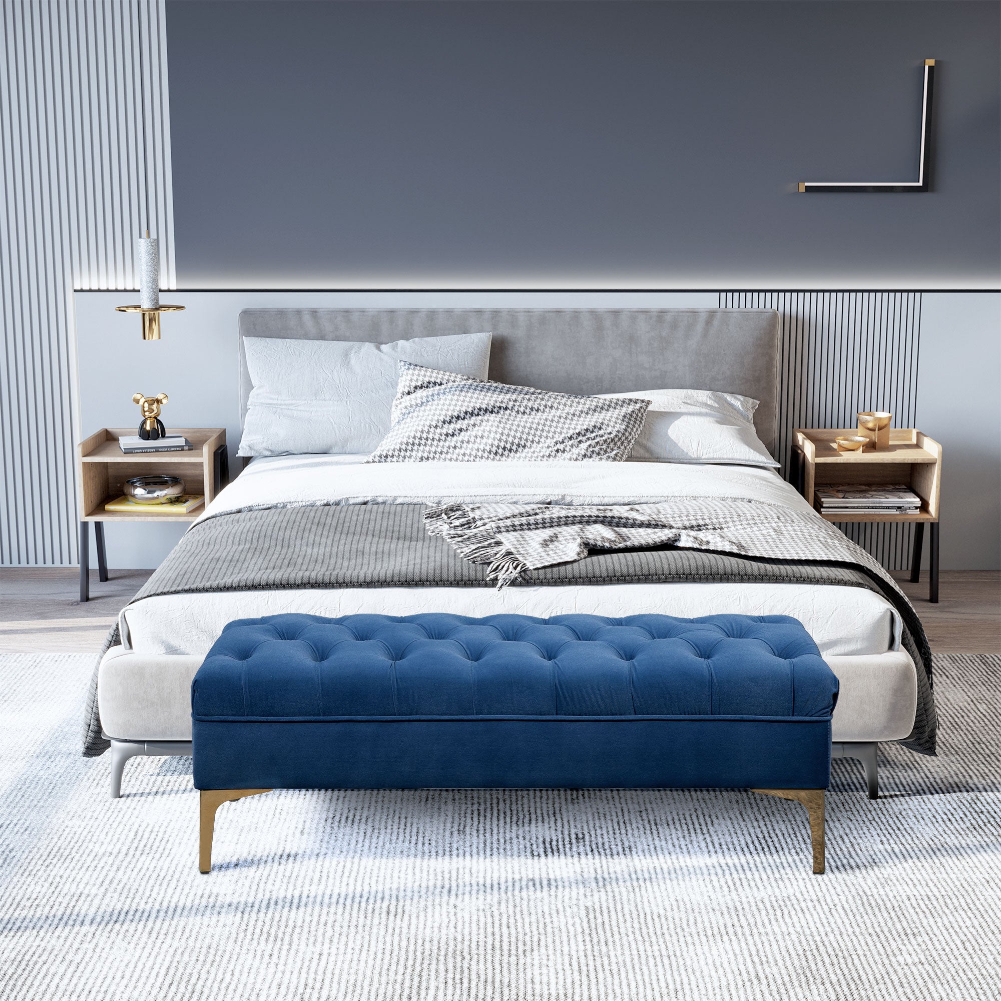 End of Bed Bench, Upholstered Bench, Entryway Shoe Bench with Button Tufted for Living Room, Bedroom, Blue Storage Ottomans & Benches at Gallery Canada