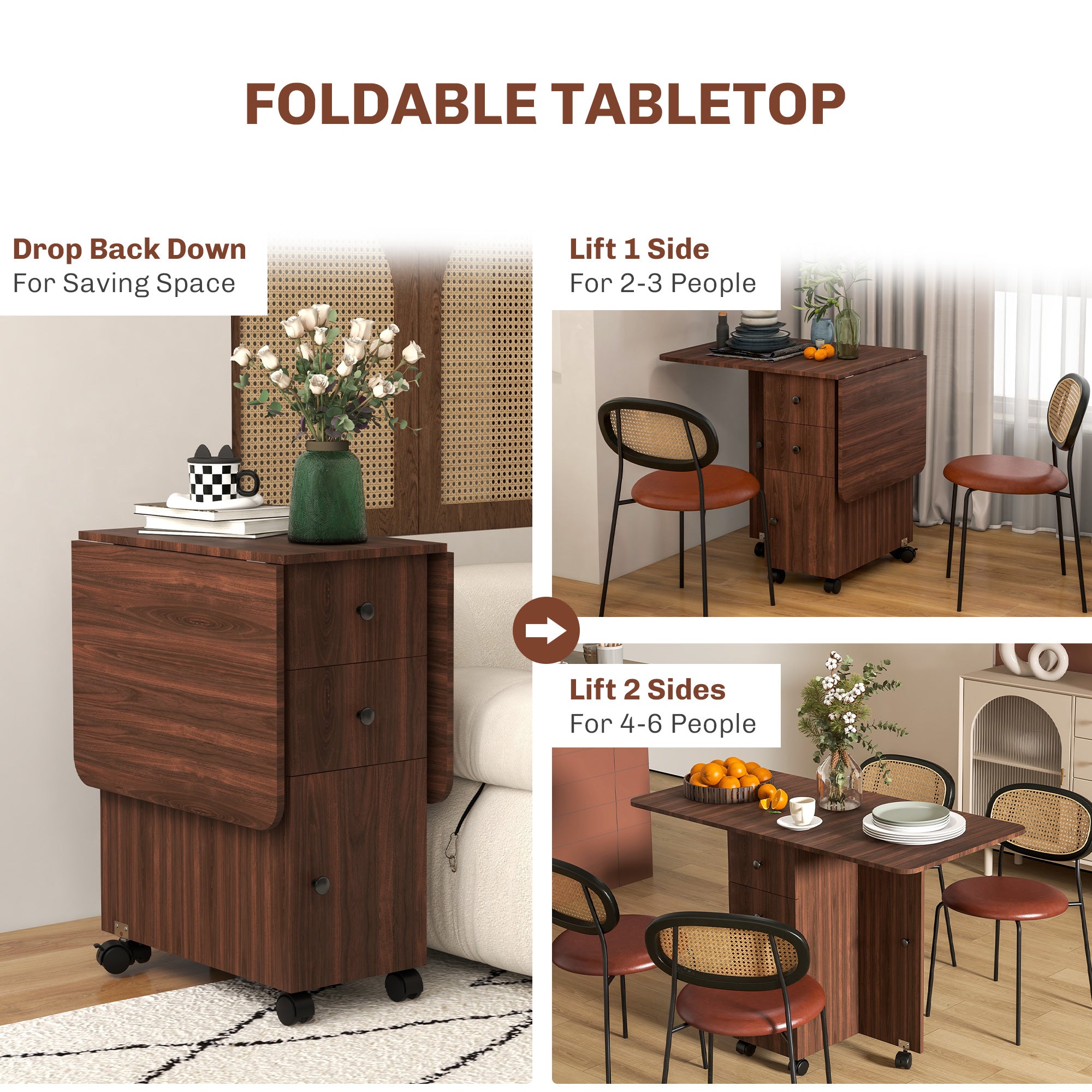 Drop Leaf Dining Table, Mobile Folding Table on Wheels with Drawers and Cabinet for Dining Room, Kitchen, Brown Bar Tables & Dining Tables   at Gallery Canada