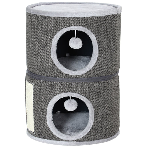 2-Story Cat Condo Barrel Tree with Top Perch, 2 Hideaways, Scratching Board, Removable Cushions, Toy Balls, Dark Grey