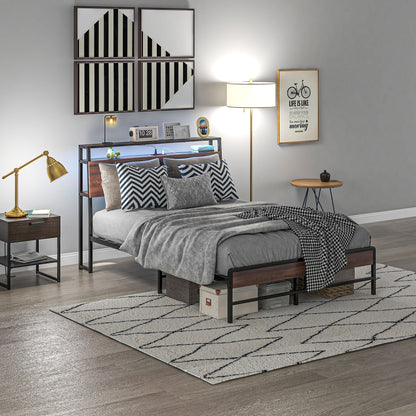 Full Size Bed Frame with LED Lights and Charging Station, Full Bed Frame with Storage Headboard, Noise-Free, Walnut Bedroom Furniture   at Gallery Canada