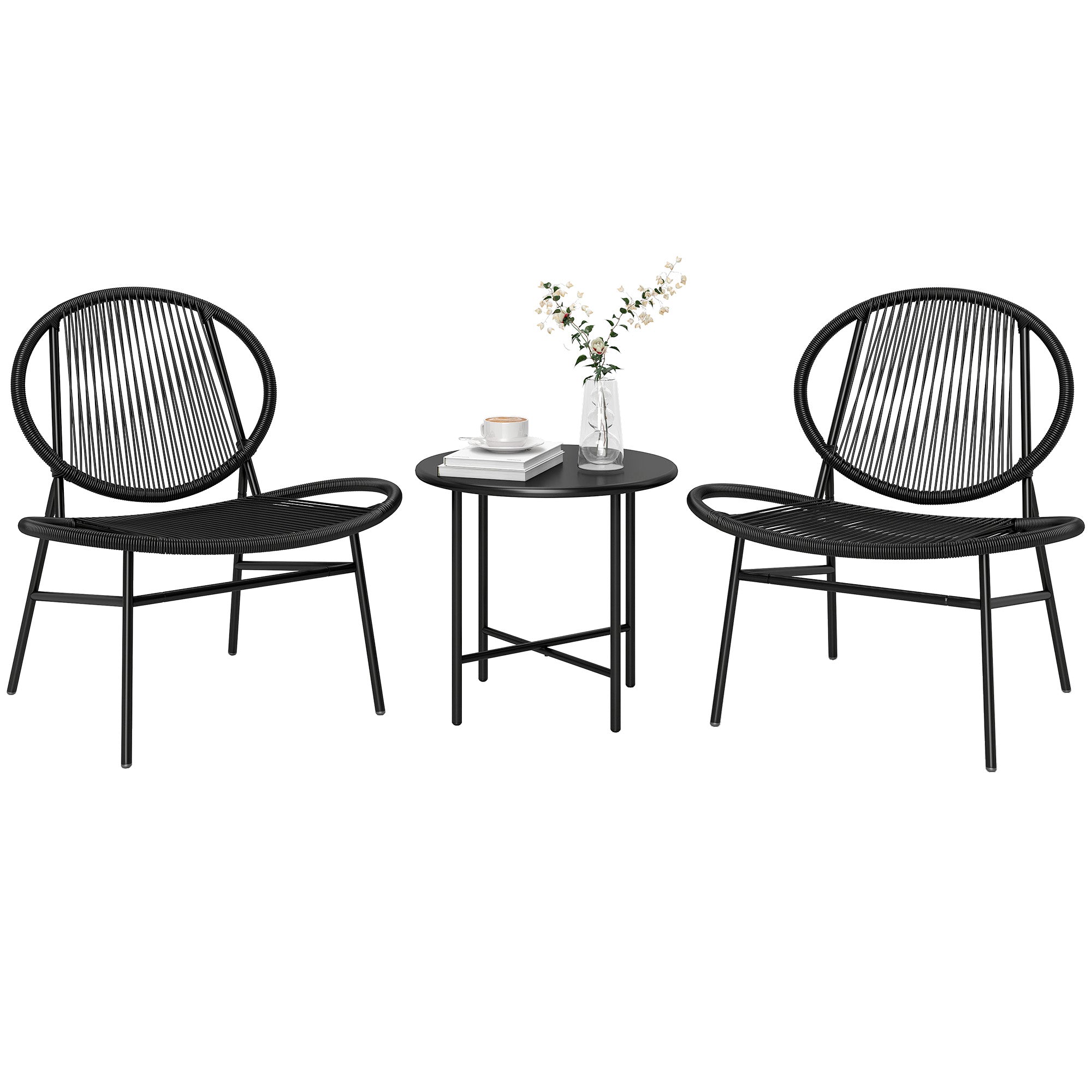Rattan Bistro Set, 3 Pieces Wicker Patio Furniture Set, Acapulco Chairs and Steel Table for Porch, Balcony, Black Bistro Sets Black at Gallery Canada