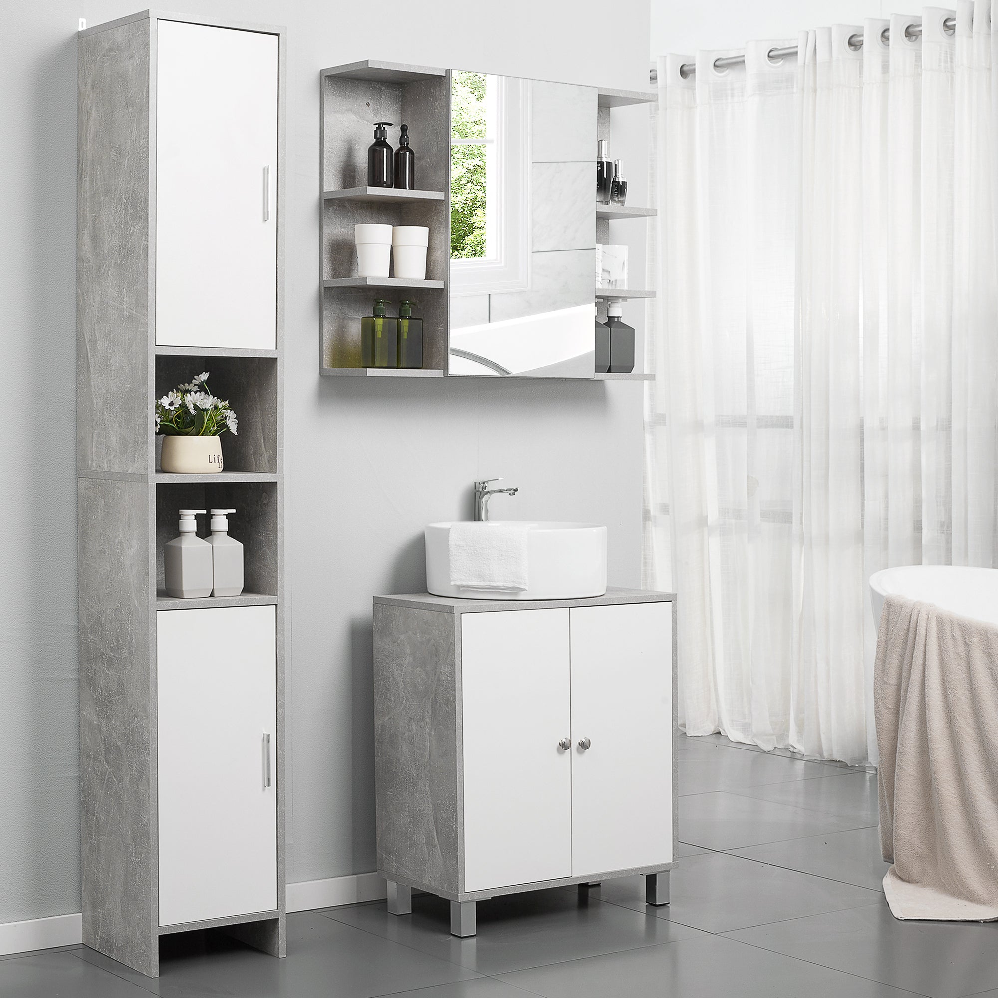 Medicine Cabinet with Mirror, Cement-Like Contemporary Bathroom Wall Cabinet with 6 Open Shelves, Grey Mirror Medicine Cabinets at Gallery Canada