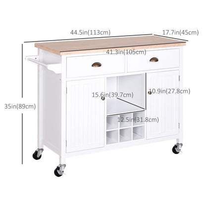 Rolling Kitchen Island, Bar Cart on Wheels with Large Counter, 2 Spacious Drawers and Storage Cabinets, Wine Rack, White Kitchen Islands & Kitchen Carts Multi Colour  at Gallery Canada