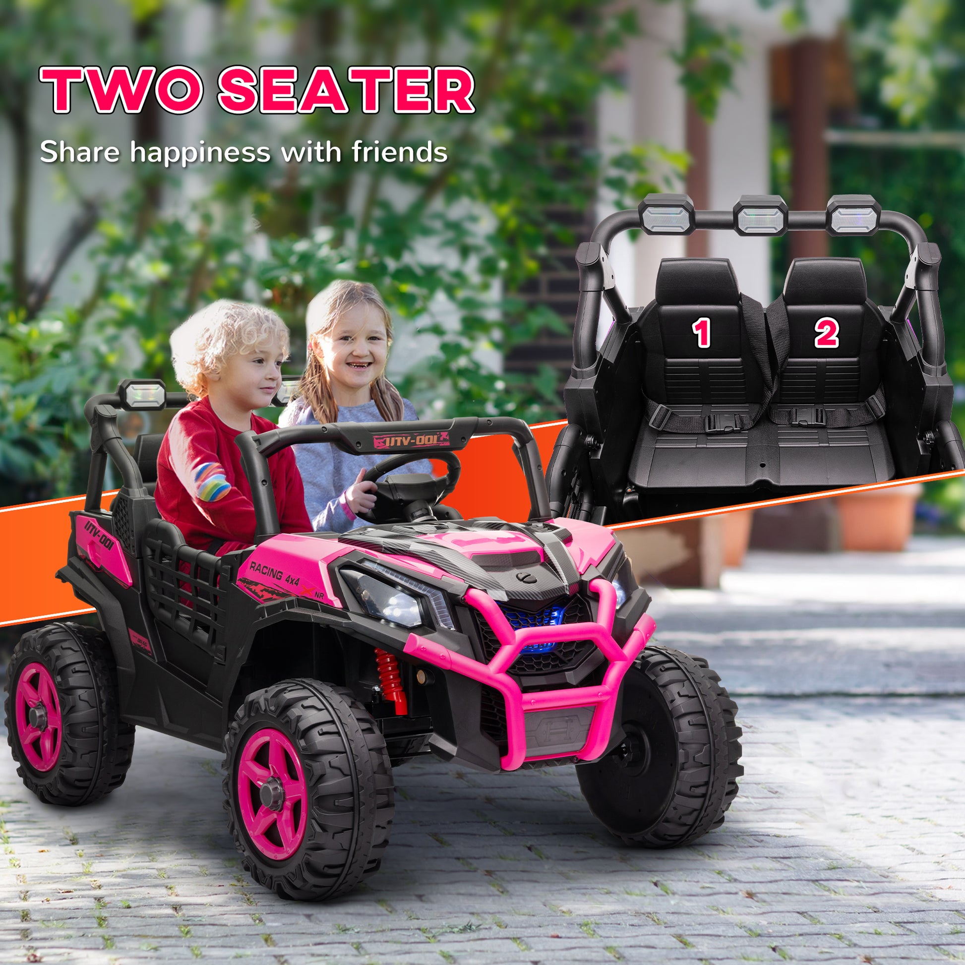 2 Seater 24V Electric Car for Kids w/ Remote Control, 3 Speed, LED Lights, Music, Horn, Spring Suspension, Pink Electric Toy Cars   at Gallery Canada