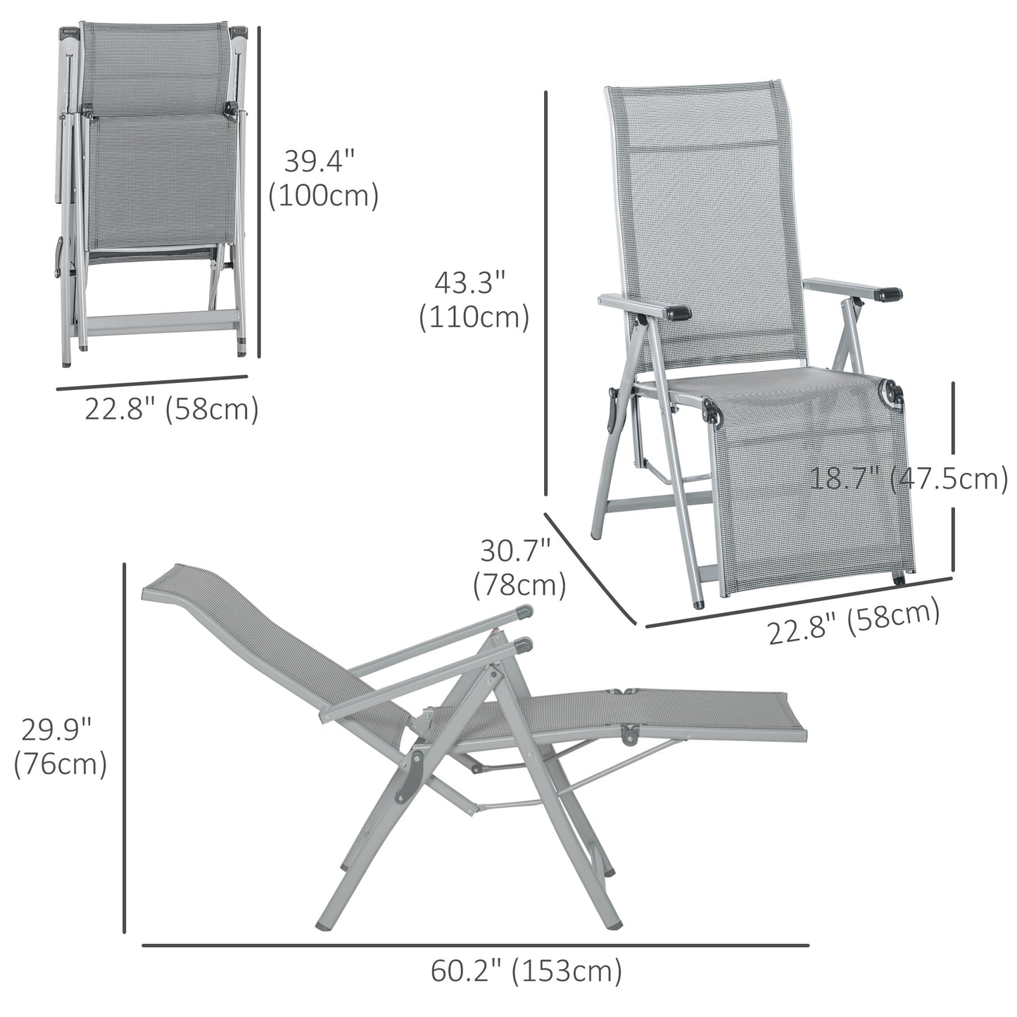 Foldable Lounge Chair with 10-Positions Adjustable Backrest &; Footrest for Deck, Backyard, Beach, Porch, Grey Lounger Chairs   at Gallery Canada