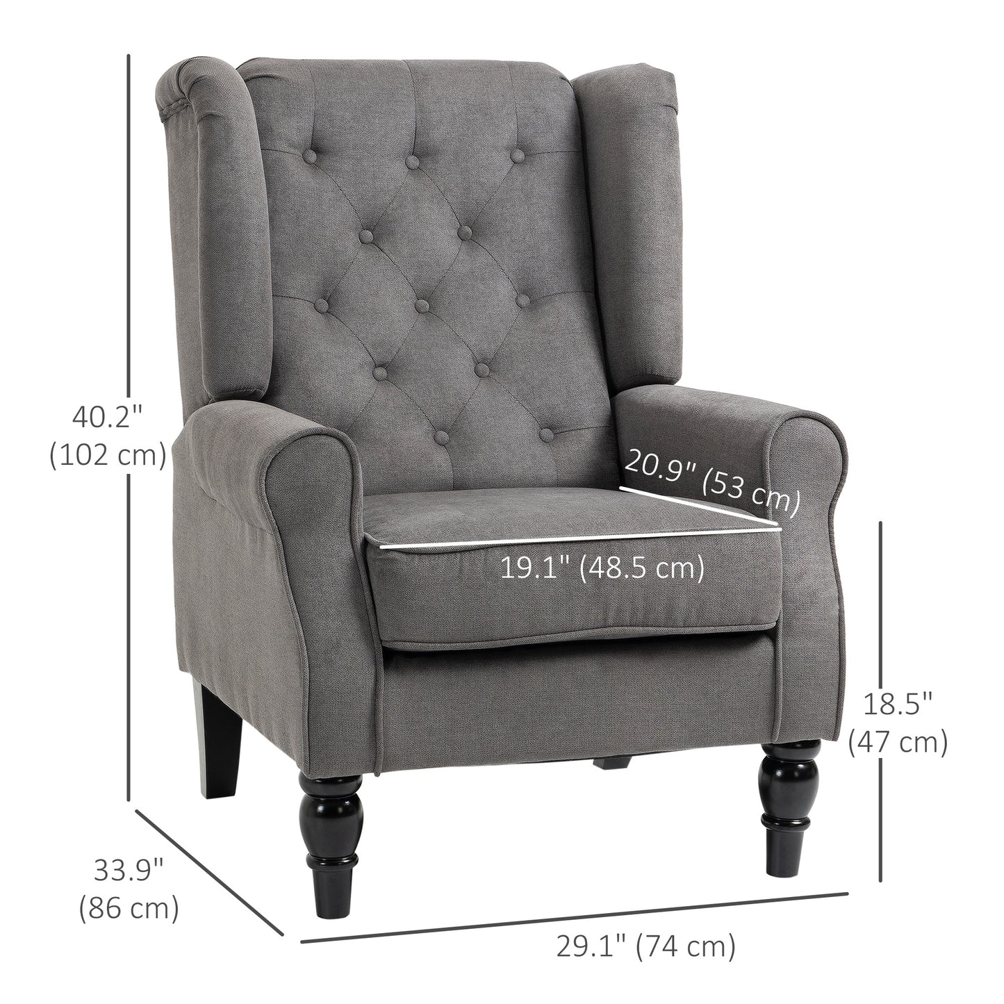 Fabric Accent Chair, Button Tufted Armchair, Armchair with Wood Legs, Thick Padding for Bedroom, Charcoal Grey Accent Chairs at Gallery Canada