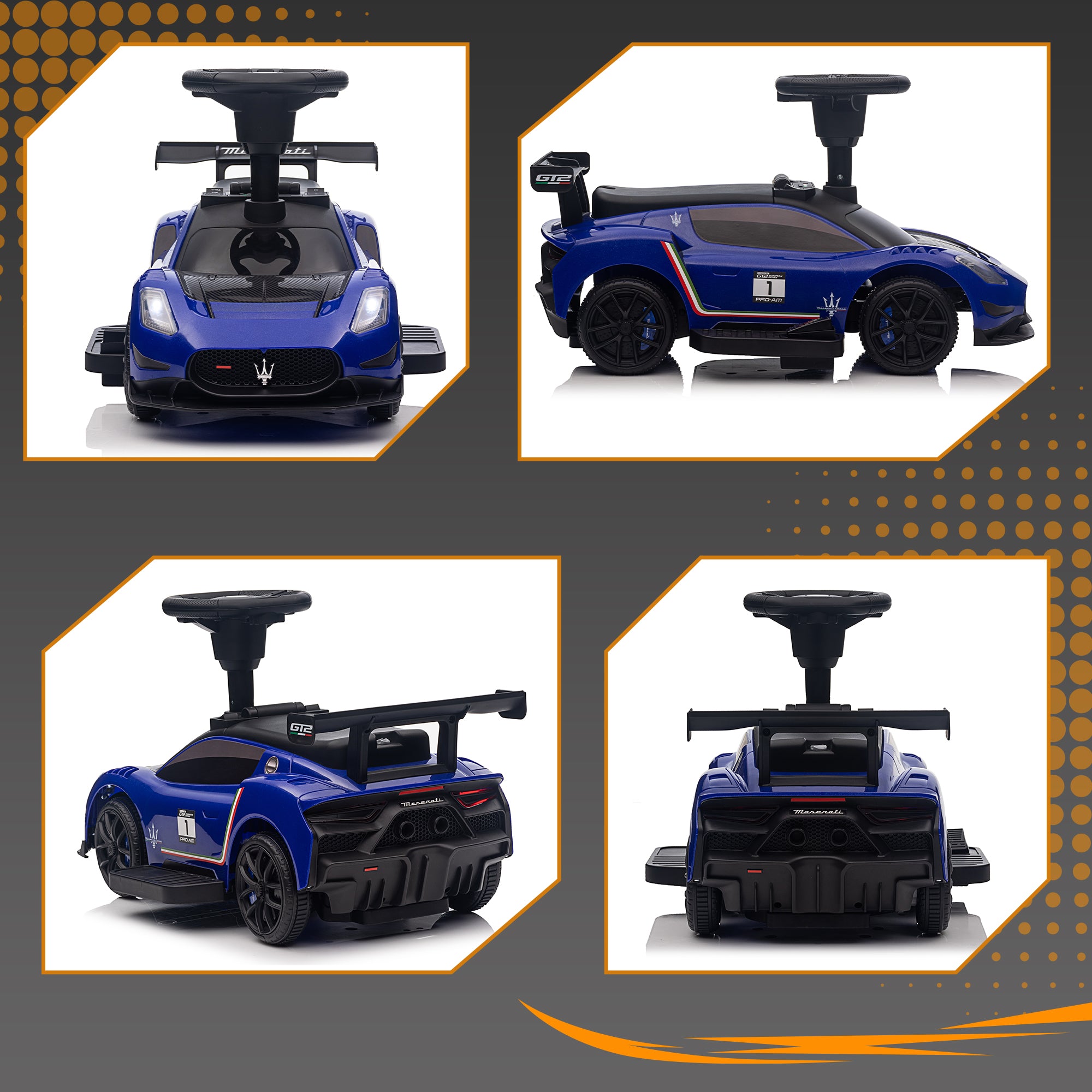 6V Maserati GT2 Licensed Electric Car for Kids, Ride on Car with Under Seat Storage, LED Headlights Music, Blue Electric Toy Cars   at Gallery Canada