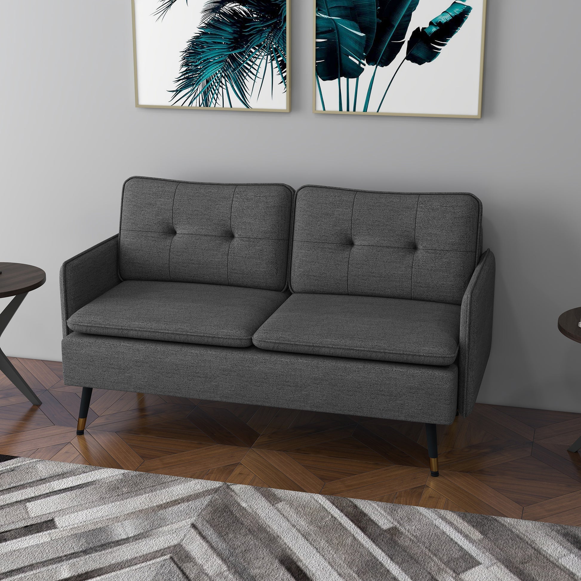 Modern 55" Loveseat, Fabric Love Seat Sofa with Button Tufted Back, Steel Legs for Bedroom, Living Room, Dark Grey 2-Seater Sofas   at Gallery Canada