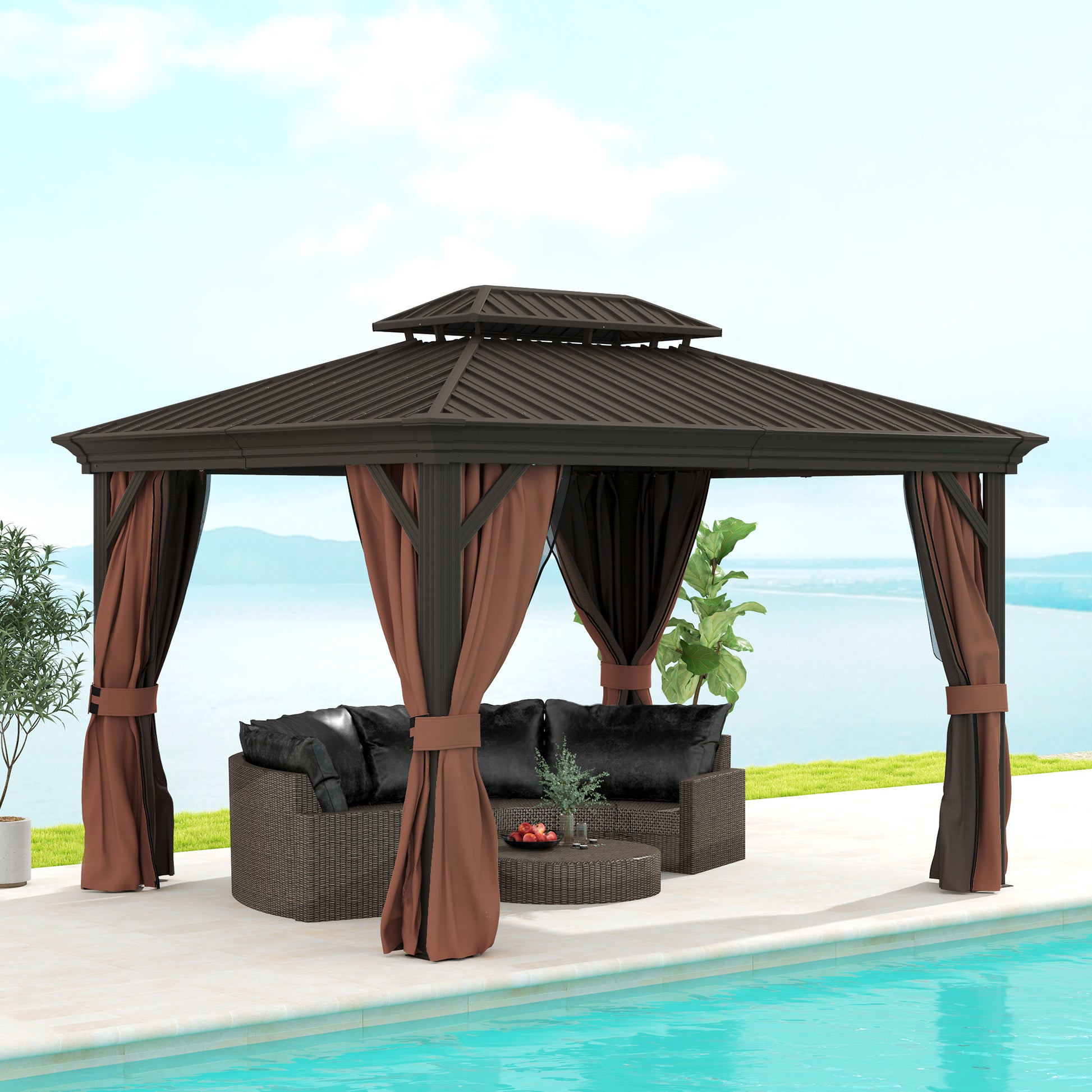 10' x 12' Outdoor Hardtop Gazebo with Galvanized Canopy &; Netting Sidewalls for Lawn, Backyard, Dark Brown Gazebos Dark Brown at Gallery Canada