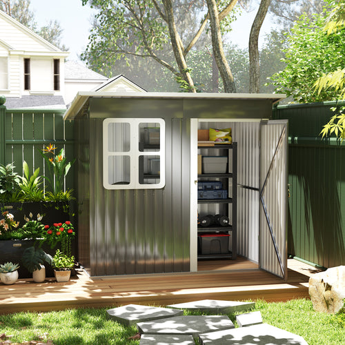 7' x 4' Galvanised Steel Outdoor Storage Shed, Garden Shed with Window, Lockable Wide Door and Air Vents, Dark Grey