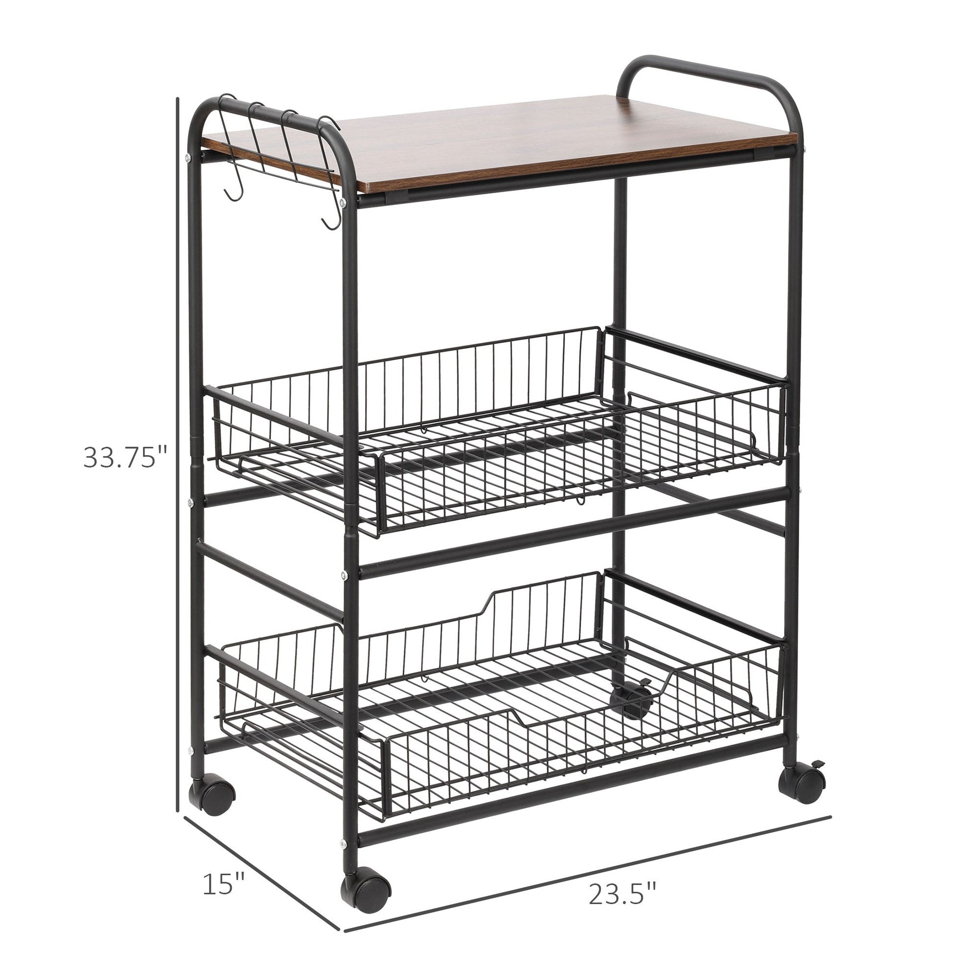 Rolling Kitchen Cart, 3-Tier Utility Storage Cart with 2 Basket Drawers &; Side Hooks, Lockable Casters for Dining Room Kitchen Islands & Kitchen Carts   at Gallery Canada