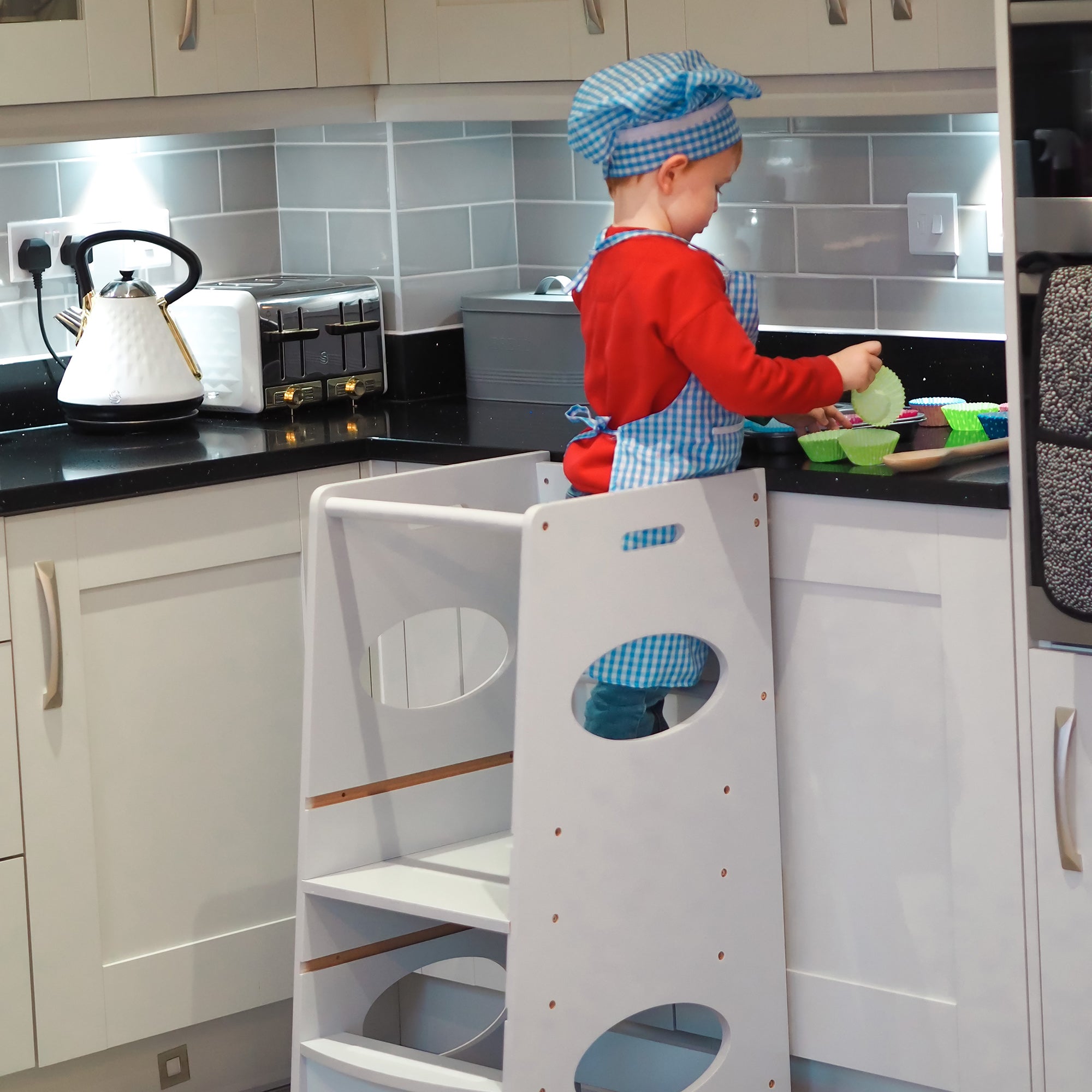 Toddler Tower Kitchen Helper with 3-Level Adjustable Height, Heavy-Duty Kids Step Stool with Safety Rail, Grey Toddler & Kids Step Stools at Gallery Canada