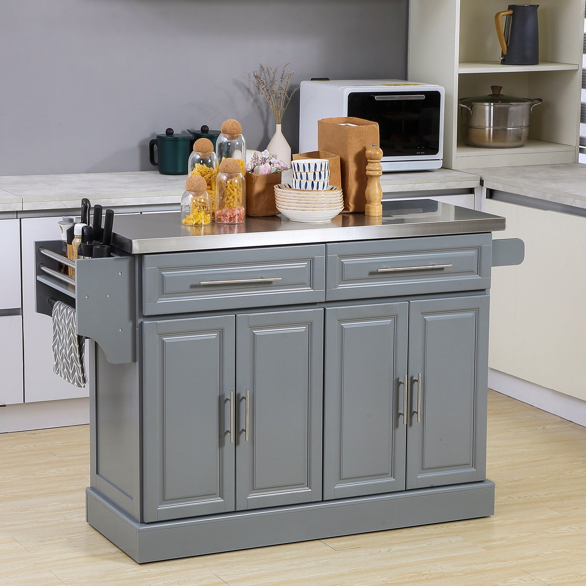 Rolling Kitchen Island with Storage and Stainless Steel Top, Kitchen Trolley with Drawers, Cabinets, Towel Rack Kitchen Islands & Kitchen Carts   at Gallery Canada