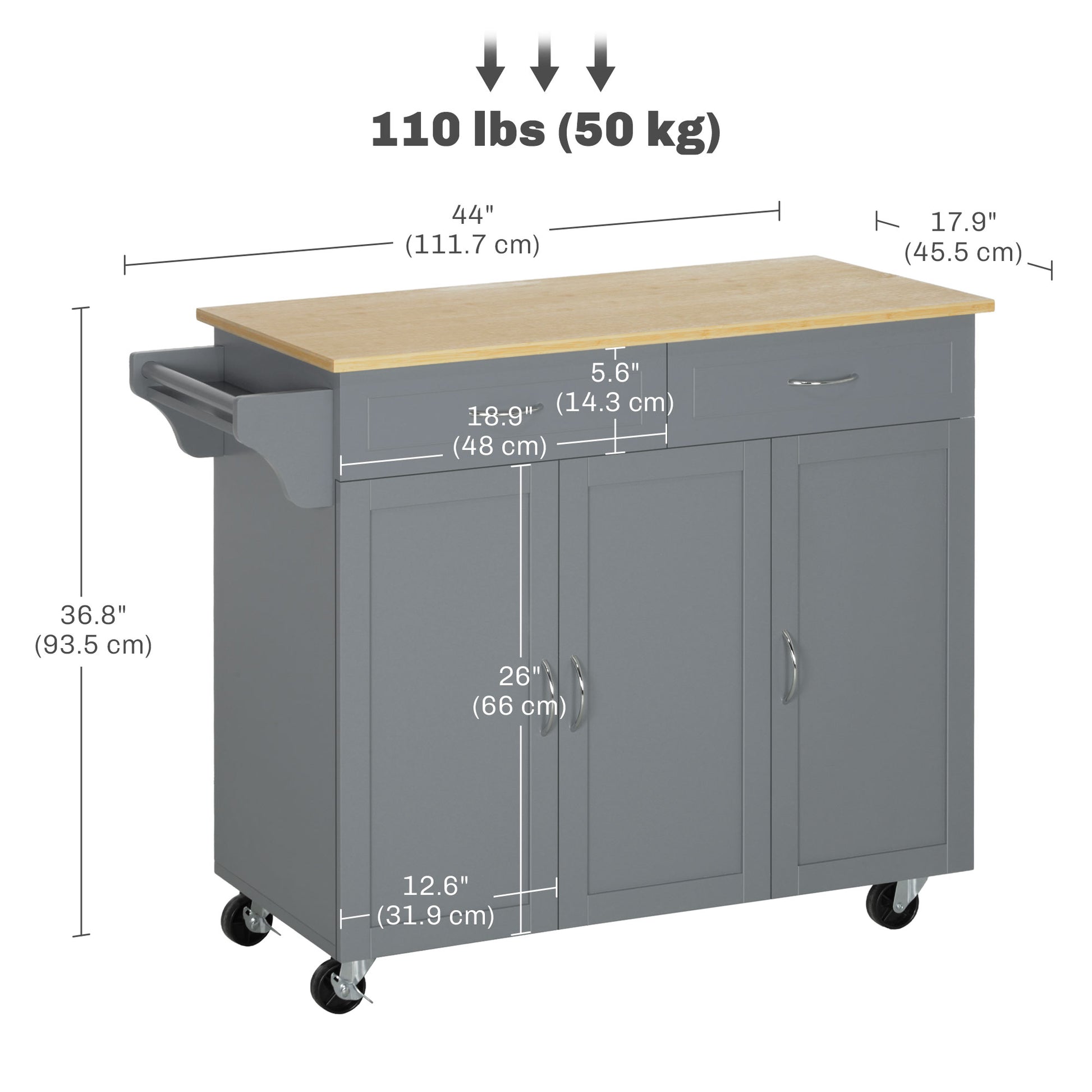 Kitchen Cart with Storage, Rolling Kitchen Island on Wheels with Bamboo Countertop, Drawers, Cabinets, 3 Doors, Grey Kitchen Islands & Kitchen Carts   at Gallery Canada