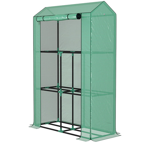 Mini Greenhouse with 3 Tier Shelves, 3 Roll-Up Doors for Indoor Outdoor, Green