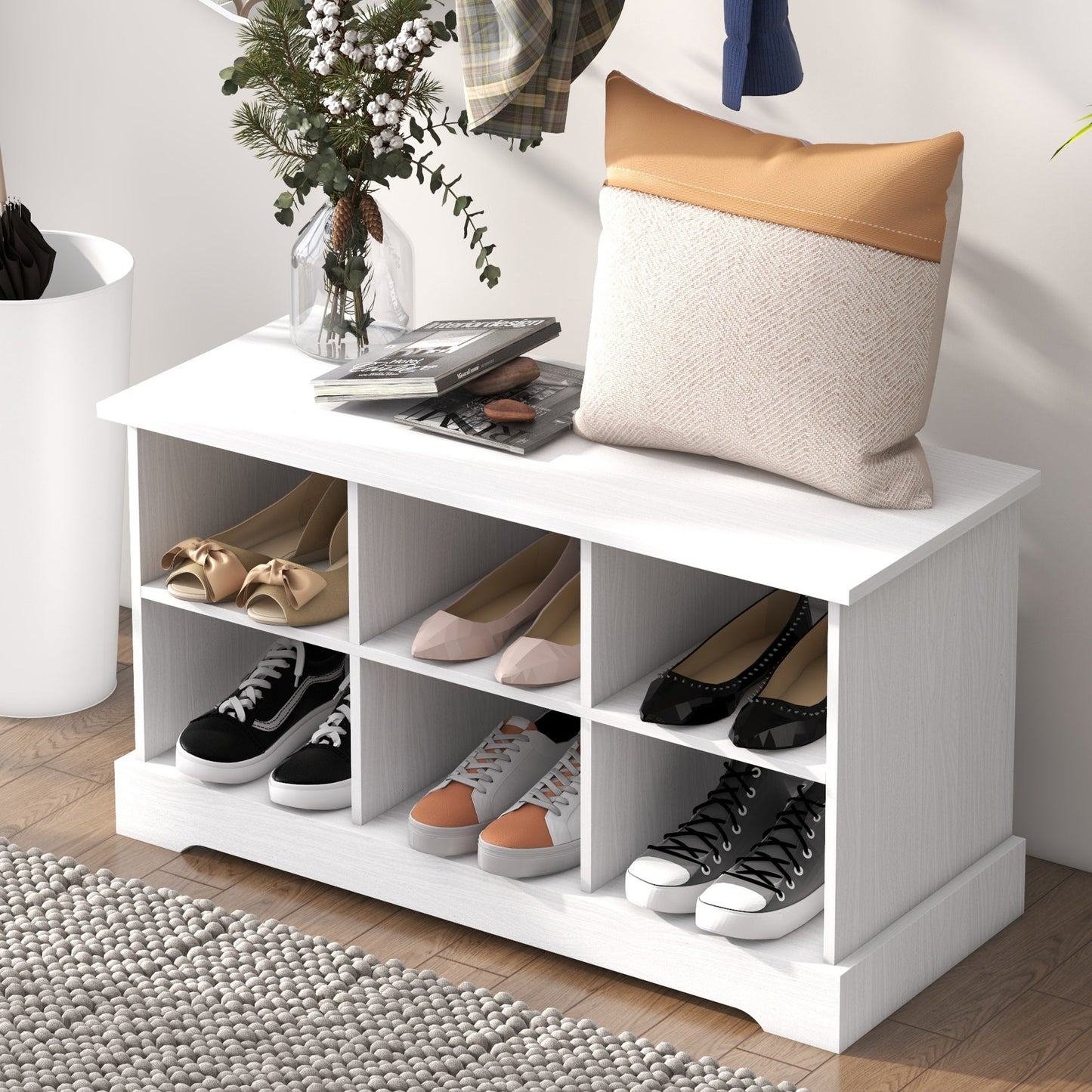 Coat Rack Shoe Bench Set, Entryway Shoe Bench with 8 Storage Cubbies, 4 Hooks for Hallway, Living Room, Bedroom, White Clothing Storage   at Gallery Canada