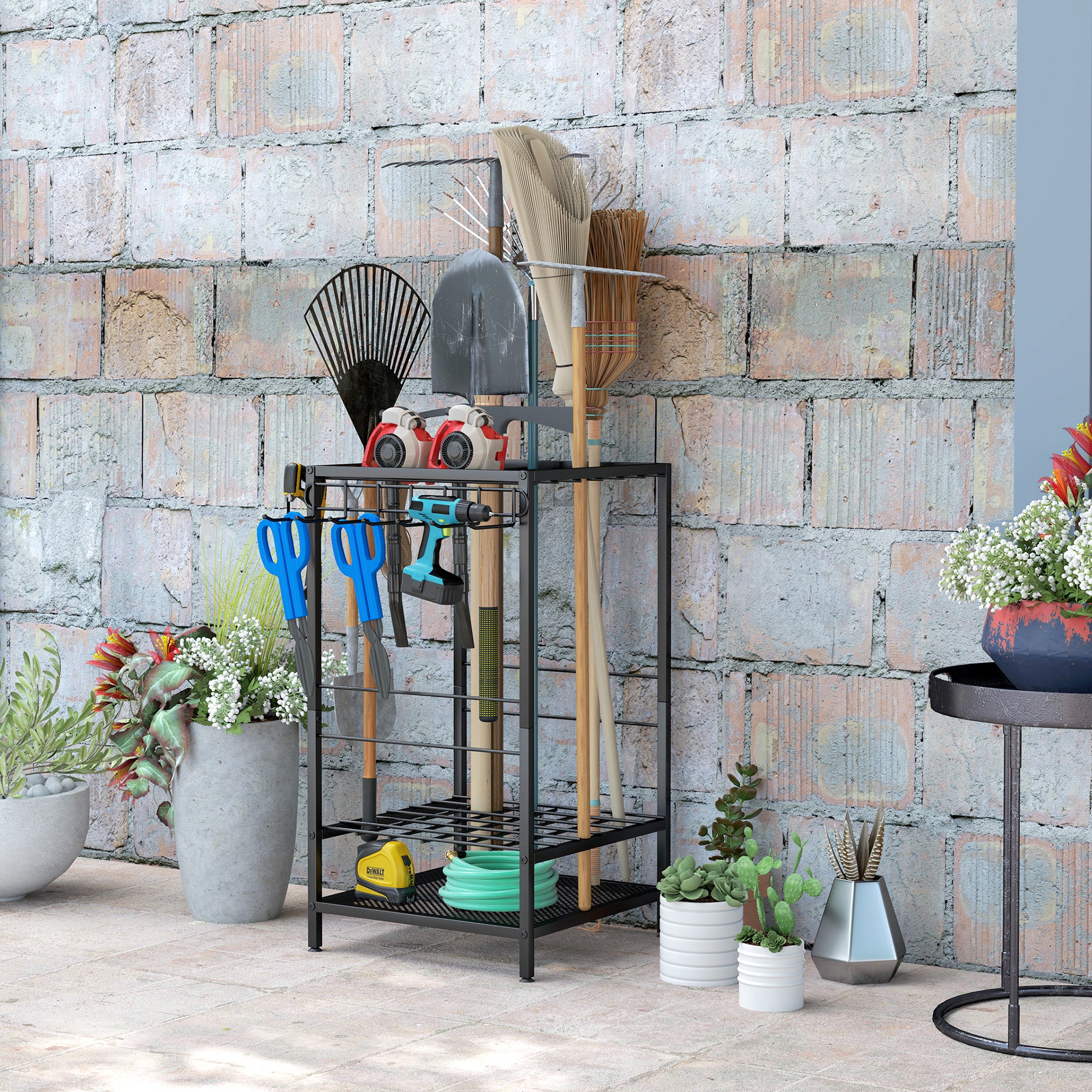 3-Tier Yard Tool Tower Rack, Garden Tool Organizer with 14 Hooks for Long-Handled Rakes, Shovel, Broom, Black Garden Accessories at Gallery Canada