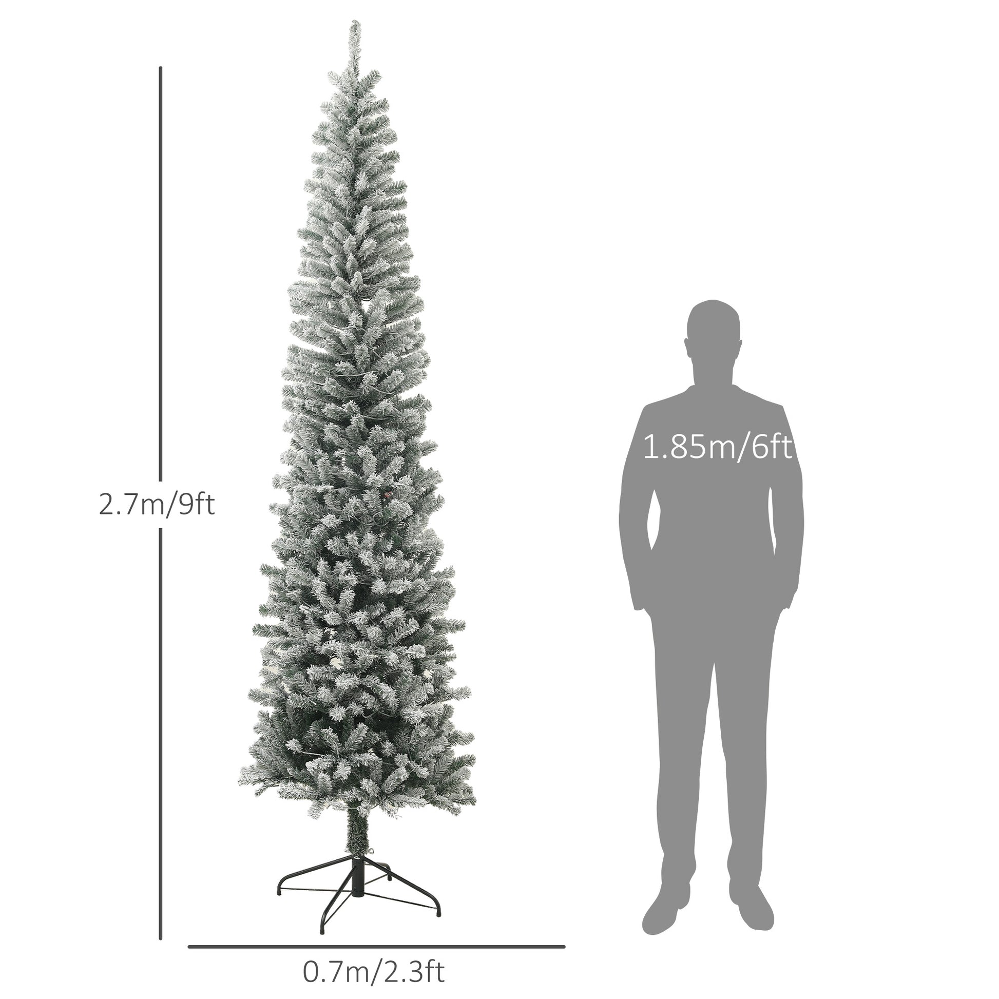 9ft Prelit Pencil Artificial Christmas Tree, Flocked Xmas Tree with Dual Colour LED Lights, 895 Tips and Metal Stand Pre Lit Christmas Trees   at Gallery Canada