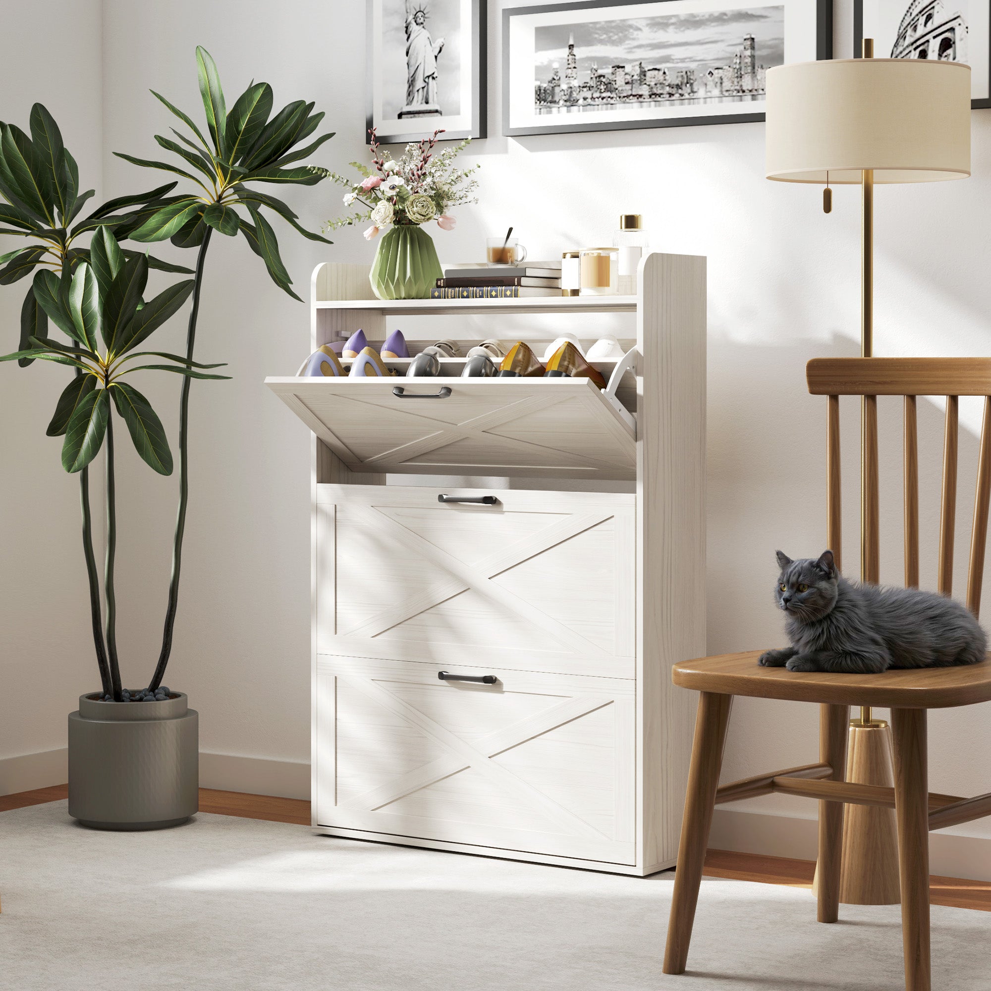 Narrow Shoe Storage Cabinet Farmhouse Shoe Cabinet with 3 Flip Drawers Adjustable Shelves for Entryway White Oak Shoe Storage Cabinets & Racks at Gallery Canada