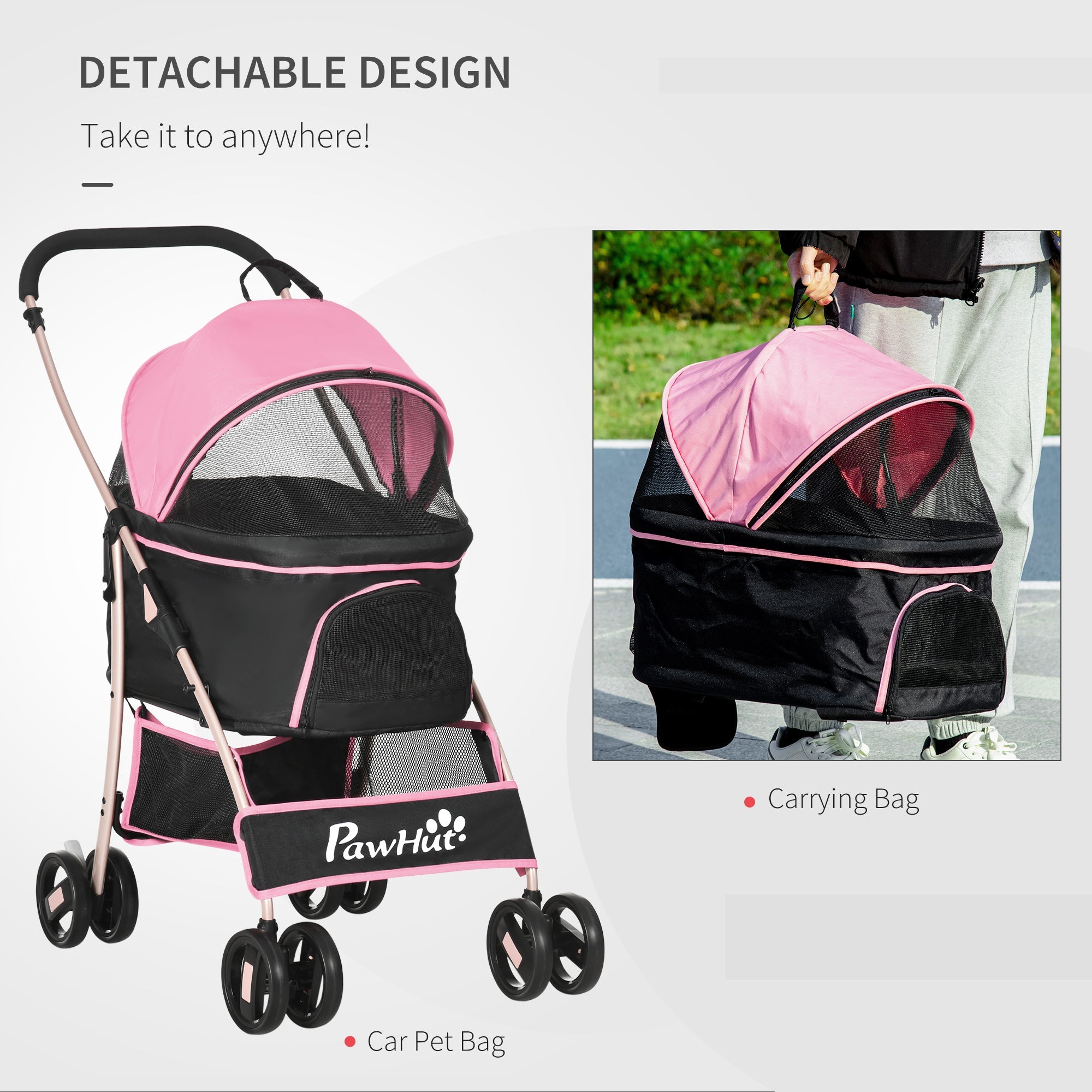 4 Wheels Pet Stroller, 3 in 1 Dog Cat Travel Folding Carrier, for Small Dogs, Detachable, w/ Brake, Canopy, Basket, Storage Bag - Pink Dog Bike Trailers & Strollers   at Gallery Canada