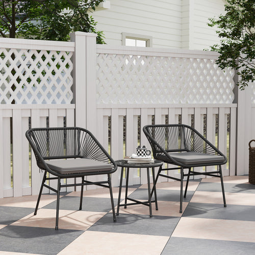 3 Piece Bistro Set, Wicker Outdoor Patio Furniture Set with Glass Top Table, Cushions for Balcony, Porch, Black