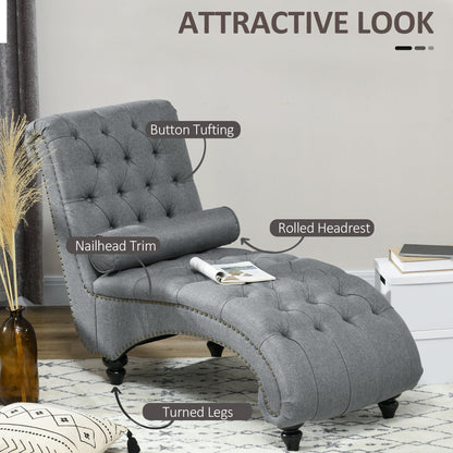 Button Tufted Chaise Lounge Chair Indoor Upholstered Lounge Chair with Bolster Pillow Wood Legs Nailhead Trim for Living Room Bedroom Home Office Grey Single Sofas   at Gallery Canada