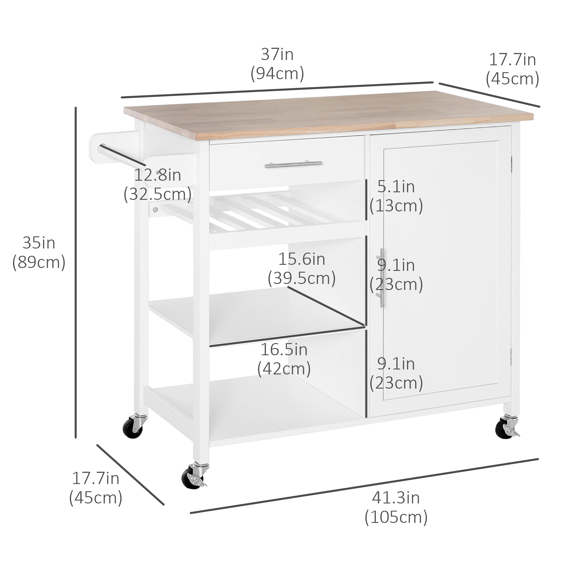 4-Tier Rolling Kitchen Island Utility Trolley Serving Cart Kitchen Storage Cart w/ Towel Rack, Butcher Block Countertop, Cabinet, Drawer, Shelves, White Kitchen Islands & Kitchen Carts at Gallery Canada