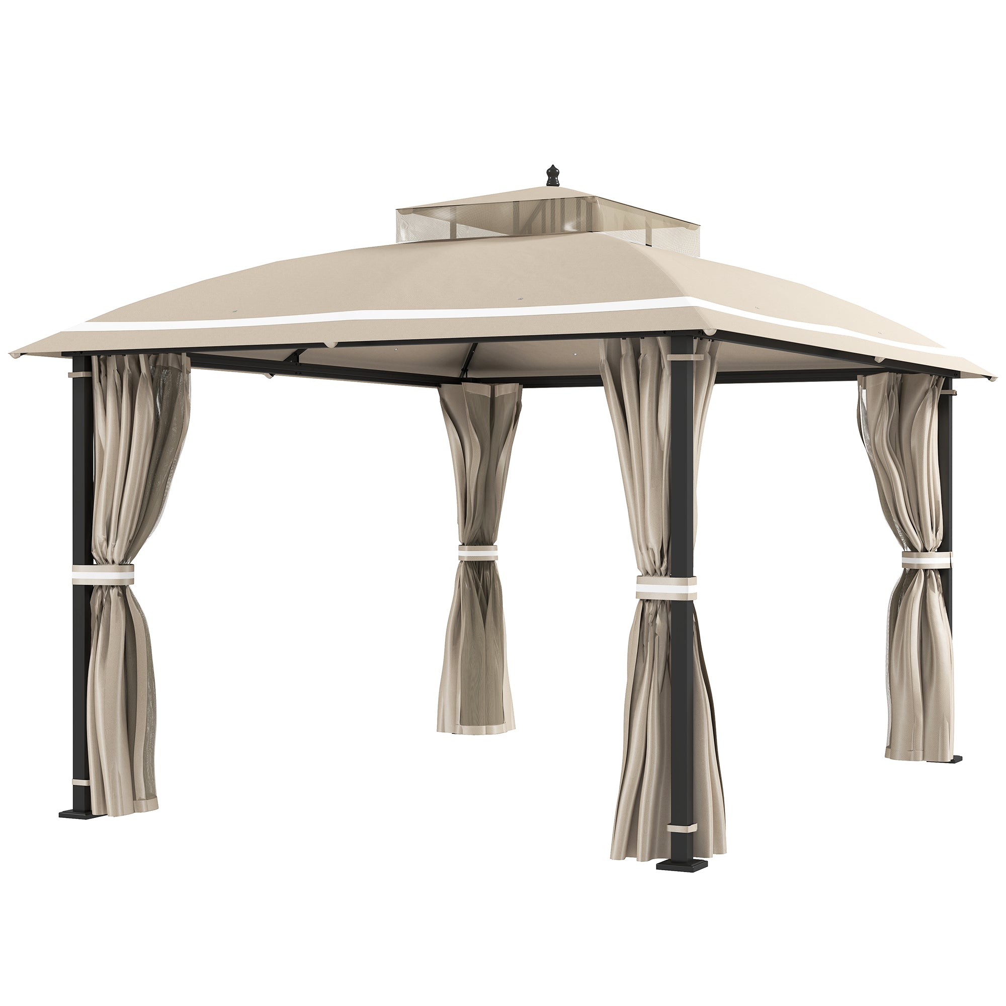 10' x 12' Outdoor Gazebo, Double Roof Patio Gazebo Canopy with Netting and Curtains for Garden, Lawn, Backyard, Deck Gazebos Beige at Gallery Canada
