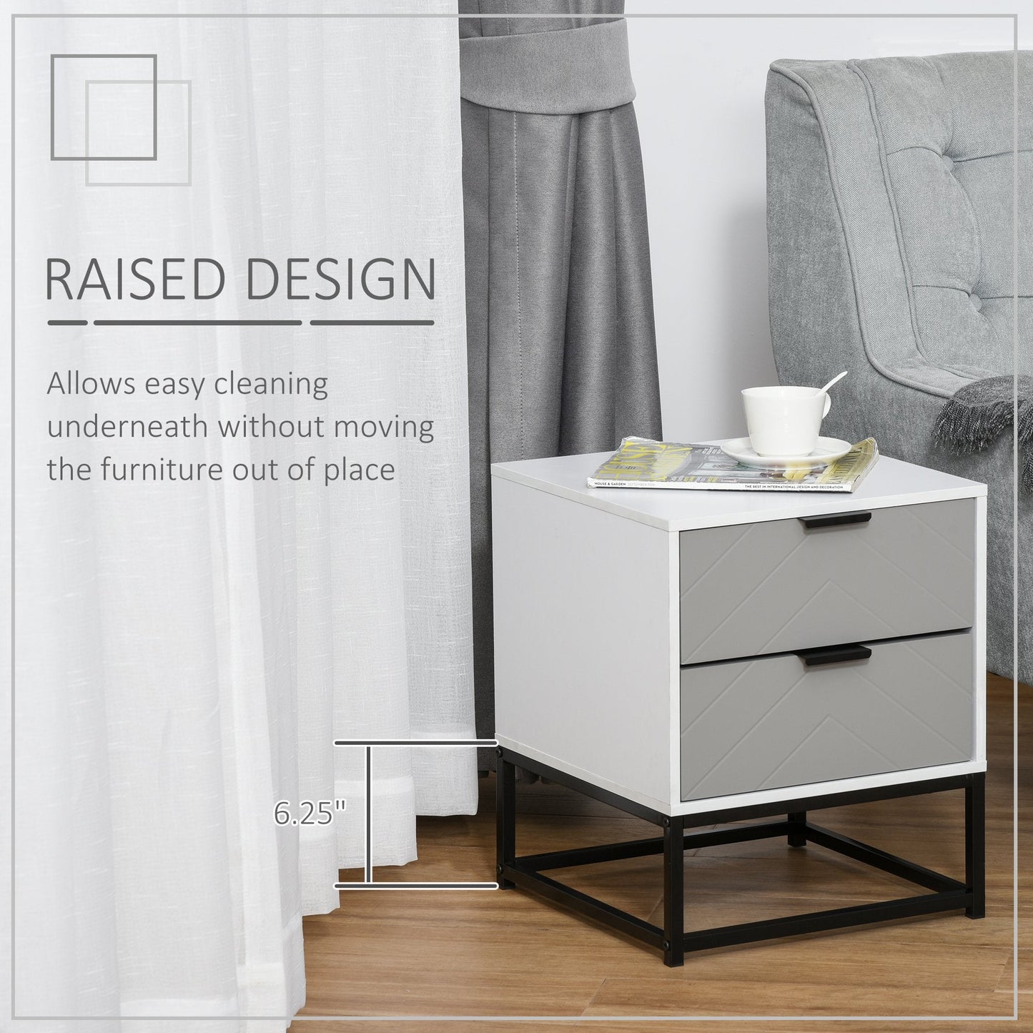 Bedside Table with 2 Drawer Storage Unit, Unique Shape Nightstand with Metal Base for Bedroom Bedside Tables   at Gallery Canada