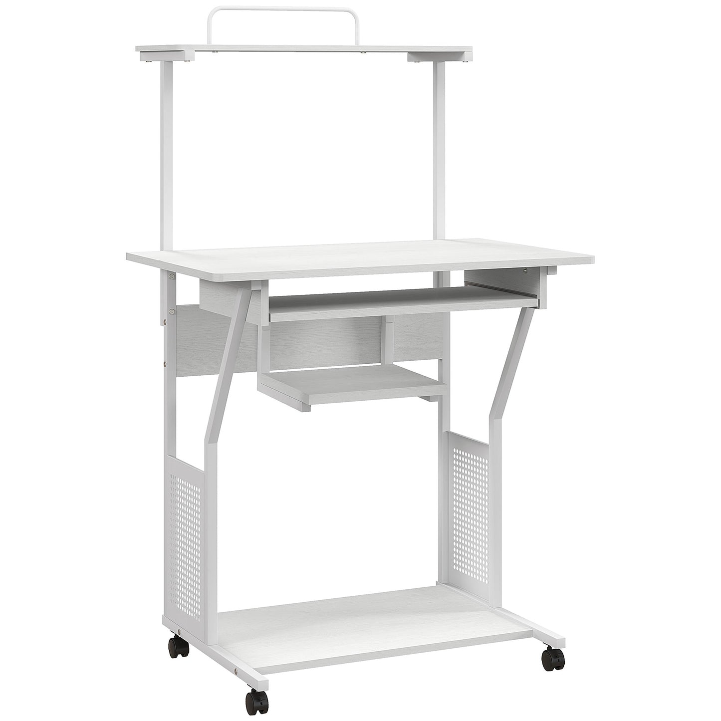 32" Mobile Computer Table, Rolling Study Desk for Home Office with Keyboard Tray, Storage Shelves, Wheels, White Computer Desks   at Gallery Canada