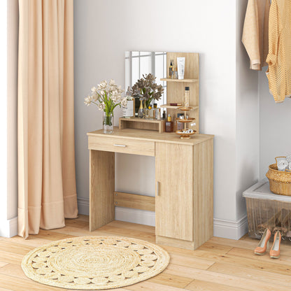 Dressing Table, Vanity Table with Mirror, Drawer and Storage Shelves for Bedroom, 35.4" x 15" x 54.3", Maple Wood Dressing & Vanity Tables   at Gallery Canada