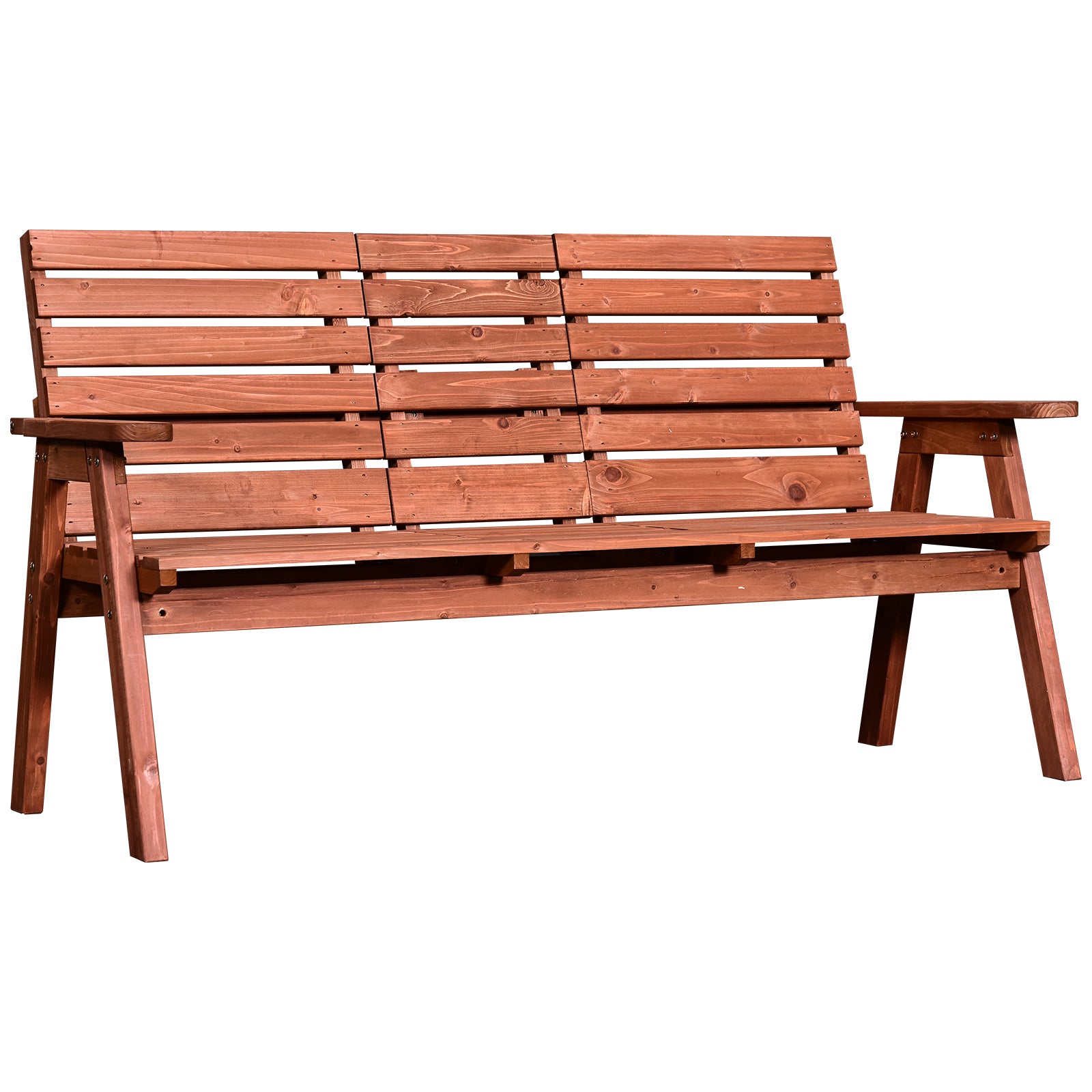 3-Seater Outdoor Bench with Convertible Middle Table, Garden Wooden Patio Loveseat with Middle Table for 2 Persons w/ Slatted Seat and Backrest, Armrests, Orange Outdoor Benches at Gallery Canada