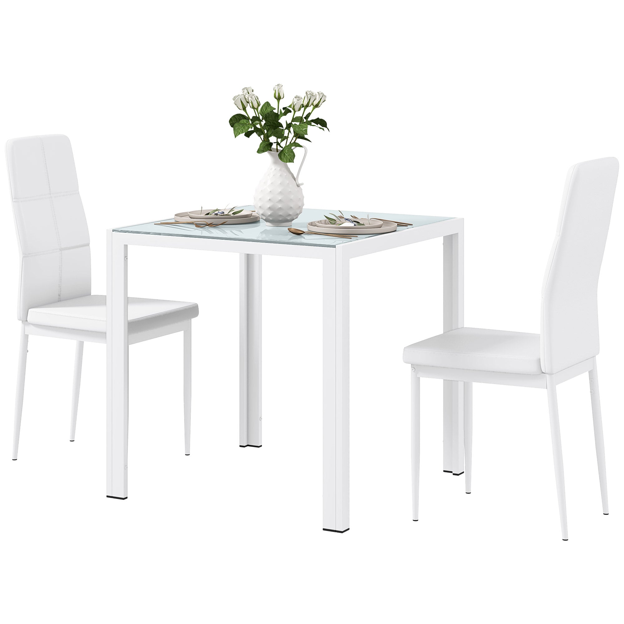 3-Piece Rectangular Glass Kitchen Table and Chairs with Metal Frame and Faux Leather Upholstery for Dining Room, White Bar Sets   at Gallery Canada