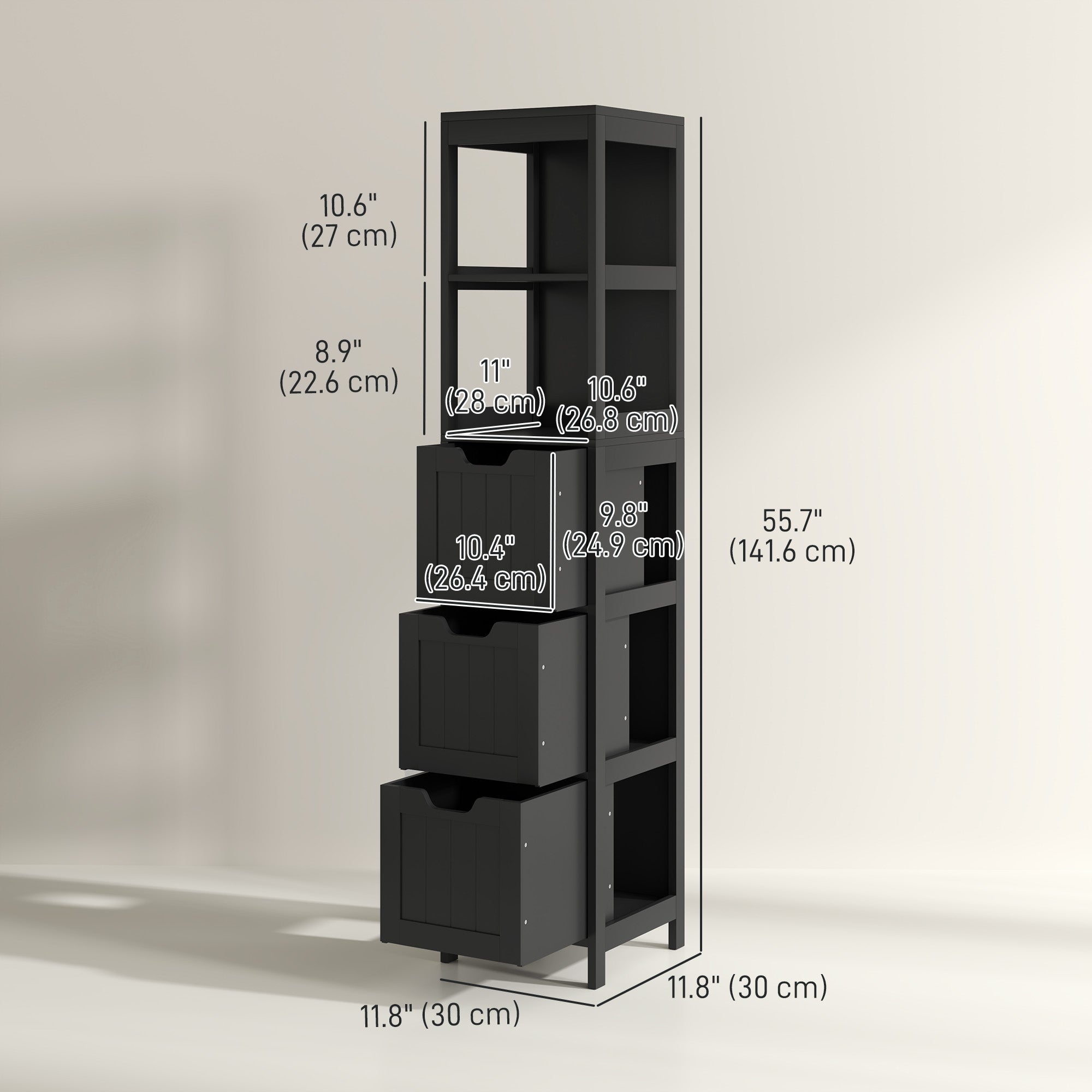 Narrow Bathroom Cabinet with 3 Drawers and 2 Tier Shelf, Tall Cupboard Freestanding Linen Tower, Black Bathroom Cabinets   at Gallery Canada