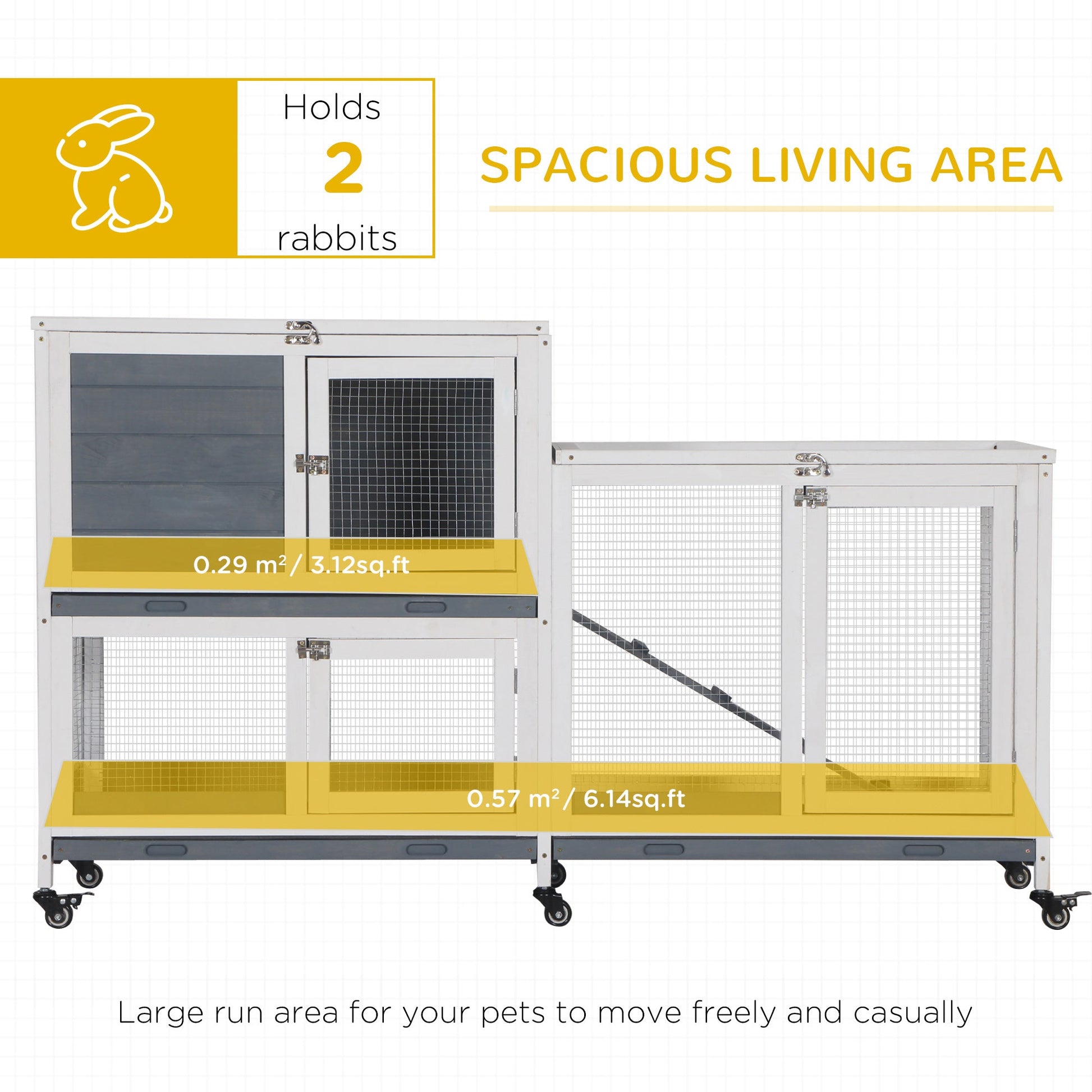 Wooden Rabbit Hutch Elevated Pet House Bunny Cage Small Animal Habitat with Slide-out Tray Lockable Door Openable Top for Indoor 58" x 18" x 35" Grey Rabbit Hutch   at Gallery Canada