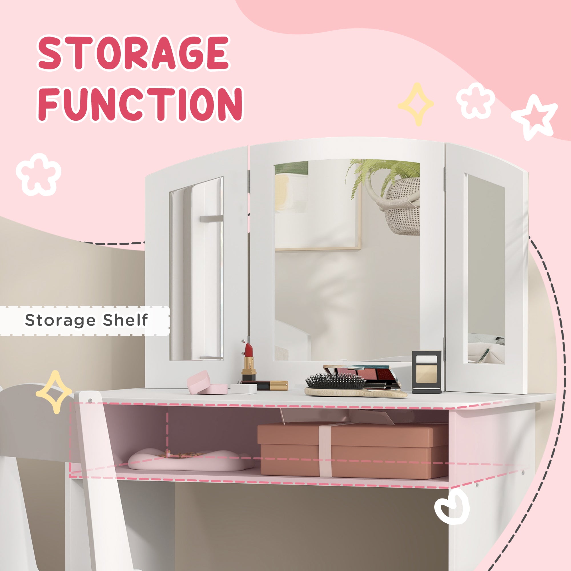 2 in 1 Kids Vanity Set Makeup Dressing Table Pretend Play Set with Tri-Folding Mirror, Stool, Storage Shelf Toy Vanity at Gallery Canada
