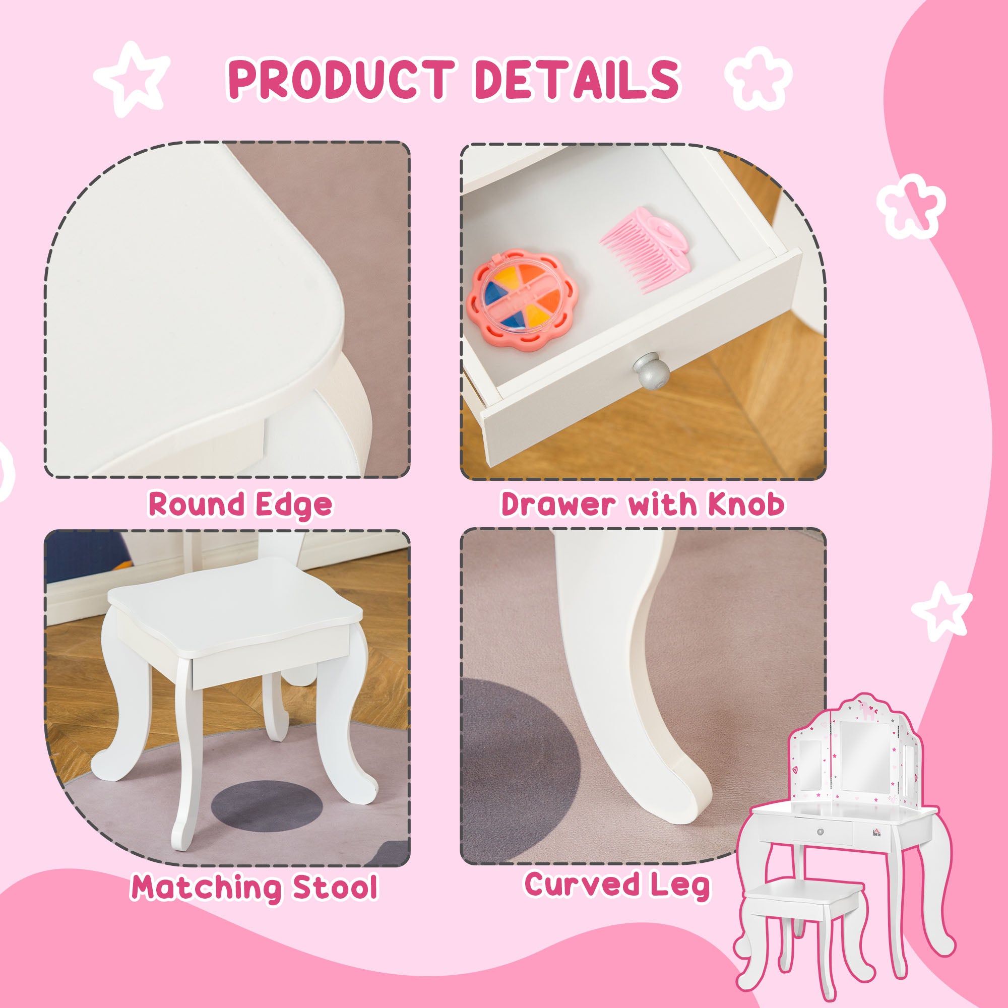 Kids Vanity Table and Stool, Makeup Vanity Girls Dressing Table Set with Tri-folding Mirrors Drawer Star and Heart Pattern, White Kids Bedroom Furniture at Gallery Canada