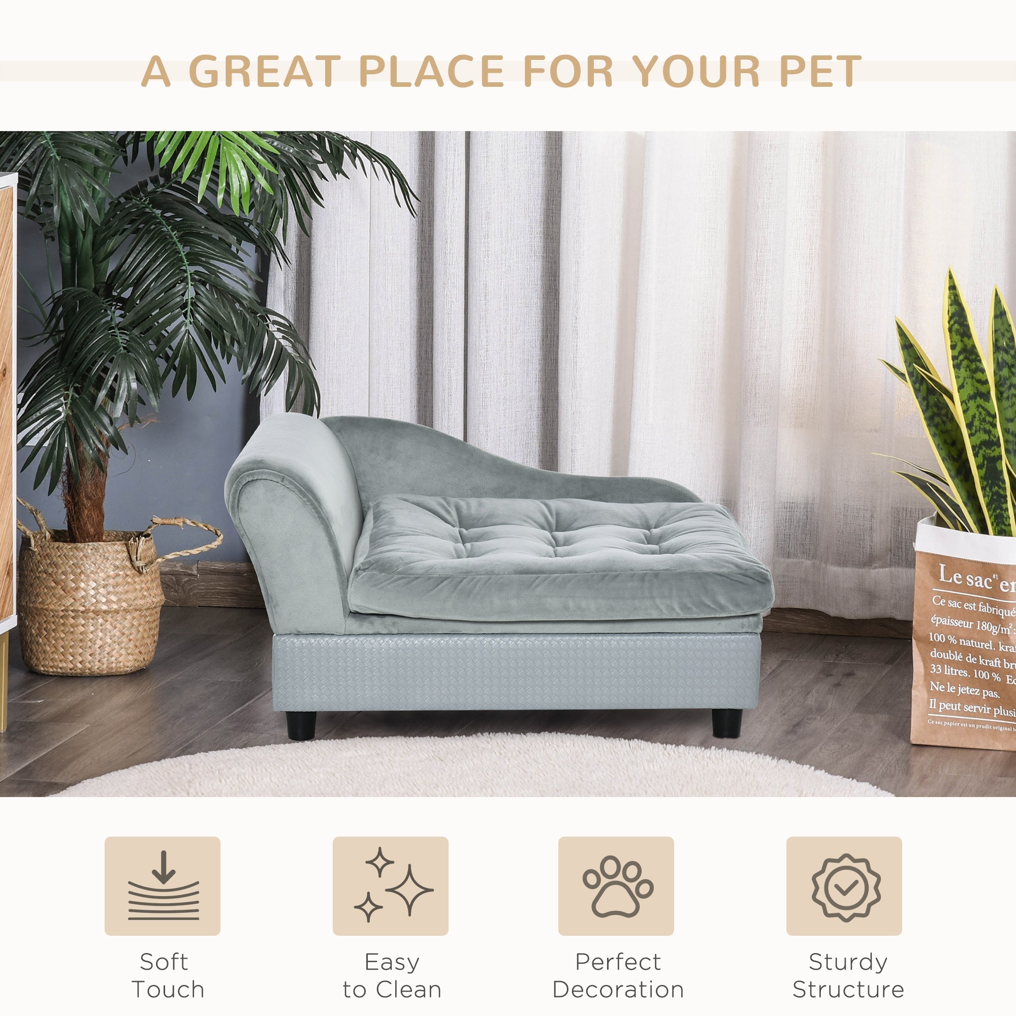 Pet Sofa Dog Couch Chaise Lounge Pet Bed with Storage Function Small Sized Dog Various Cat Sponge Cushioned Bed Lounge, Light Grey Dog Sofas   at Gallery Canada