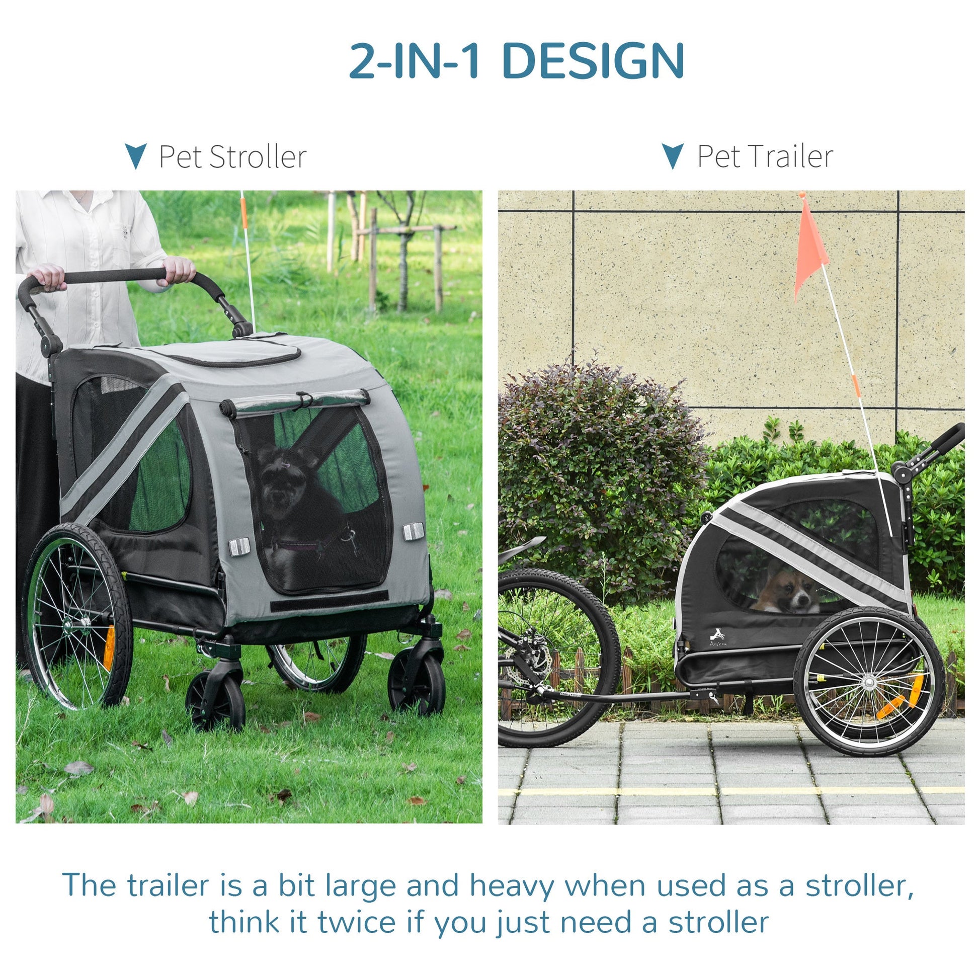 Dog Bike Trailer, 2-in-1 Dog Wagon Pet Stroller for Travel with Universal Wheel Reflectors Flag, for Small and Medium Dogs, Grey Dog Bike Trailers & Strollers   at Gallery Canada