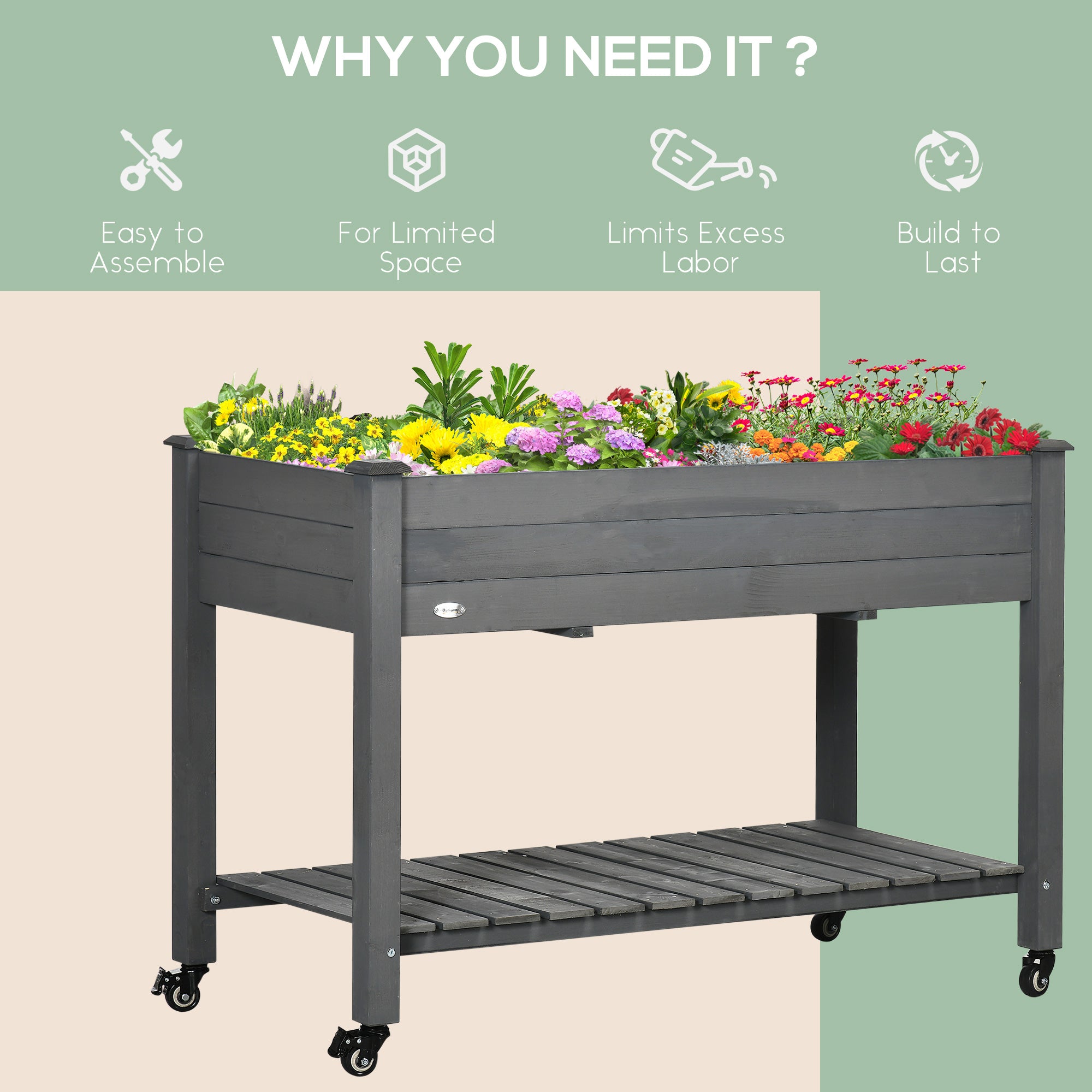 Mobile Raised Garden Bed Elevated Wood Planter Box w/ Lockable Wheels, Storage Shelf for Herbs Vegetables, Dark Grey Elevated Garden Beds at Gallery Canada