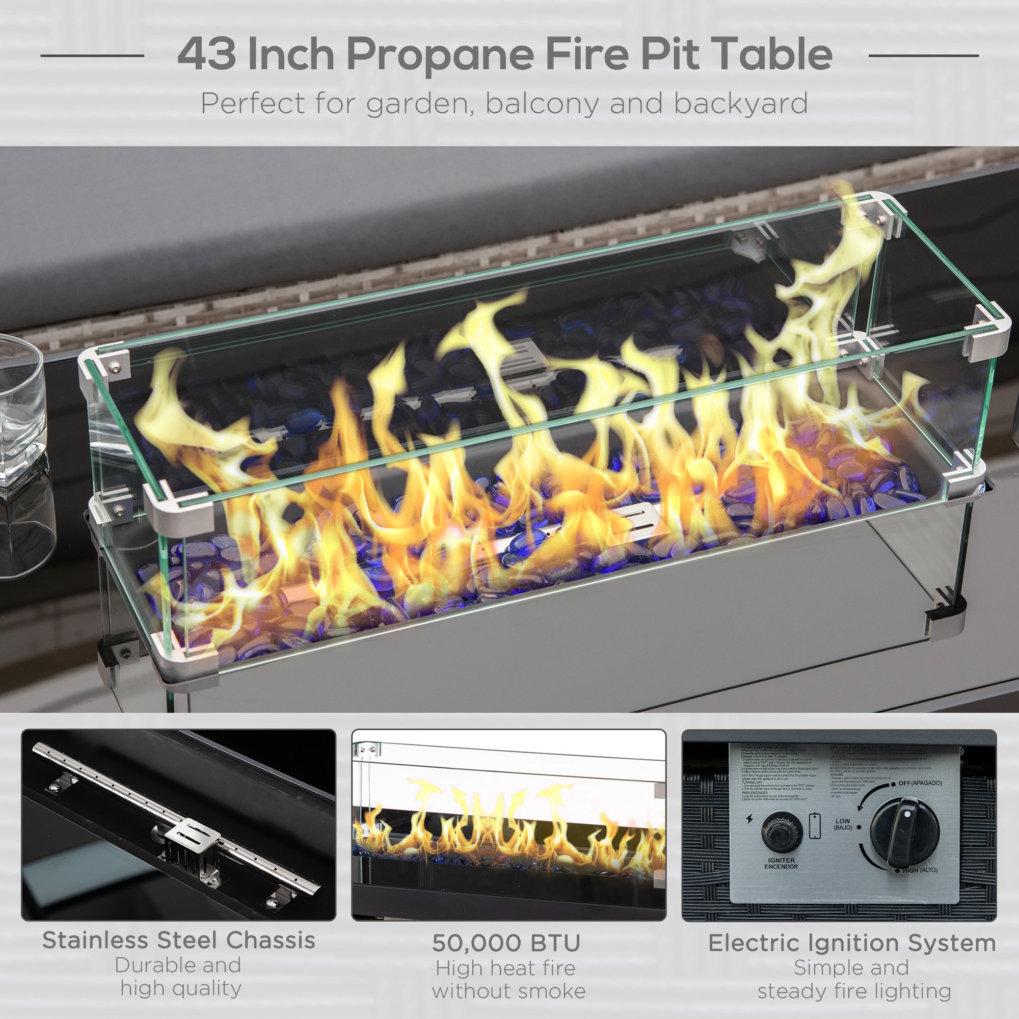 Propane Fire Pit Table 43in Outdoor Square Fire Table, 50,000 BTU Pulse-Ignition Wicker Firepit Furniture with Glass Wind Guard, Blue Glass Rock, CSA Certification, Black Fire Pits at Gallery Canada