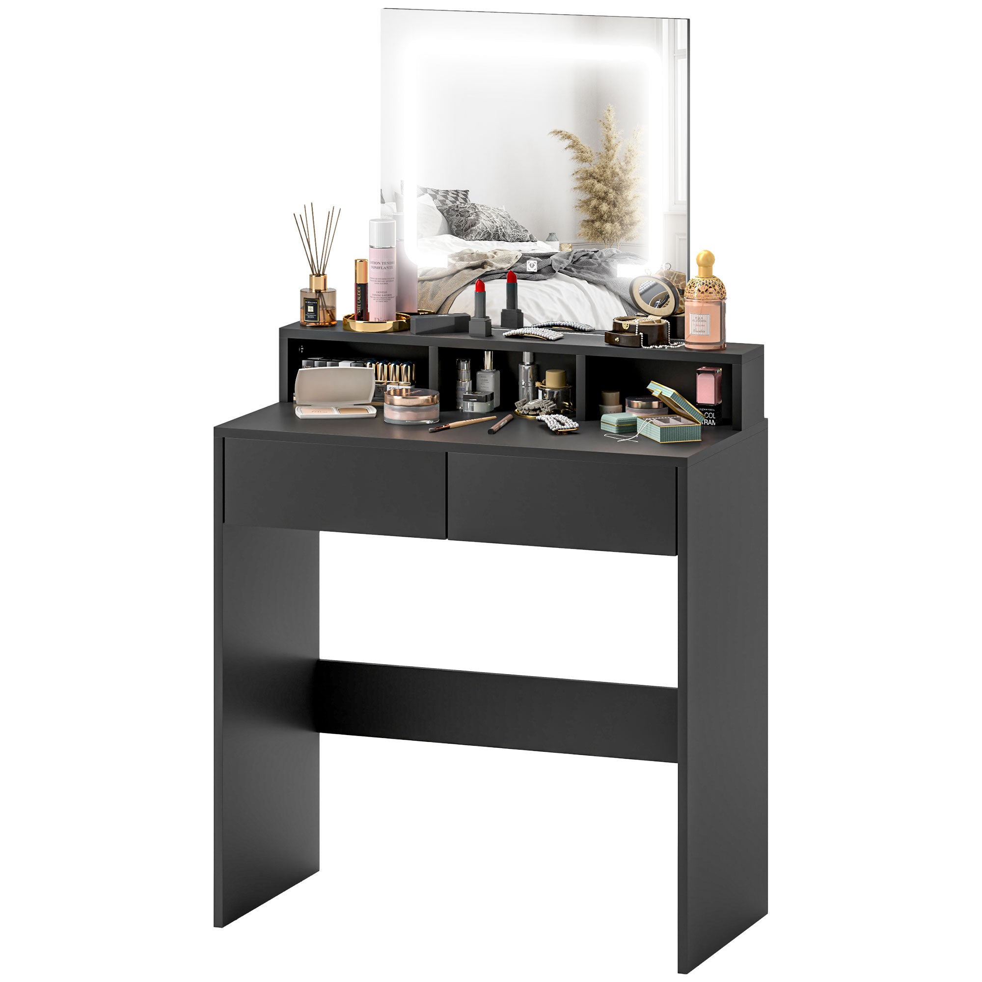 Makeup Vanity Desk with Mirror and LED Lights, for Bedroom, Modern Dressing Table with Drawers, Compartments, Black Dressing & Vanity Tables   at Gallery Canada