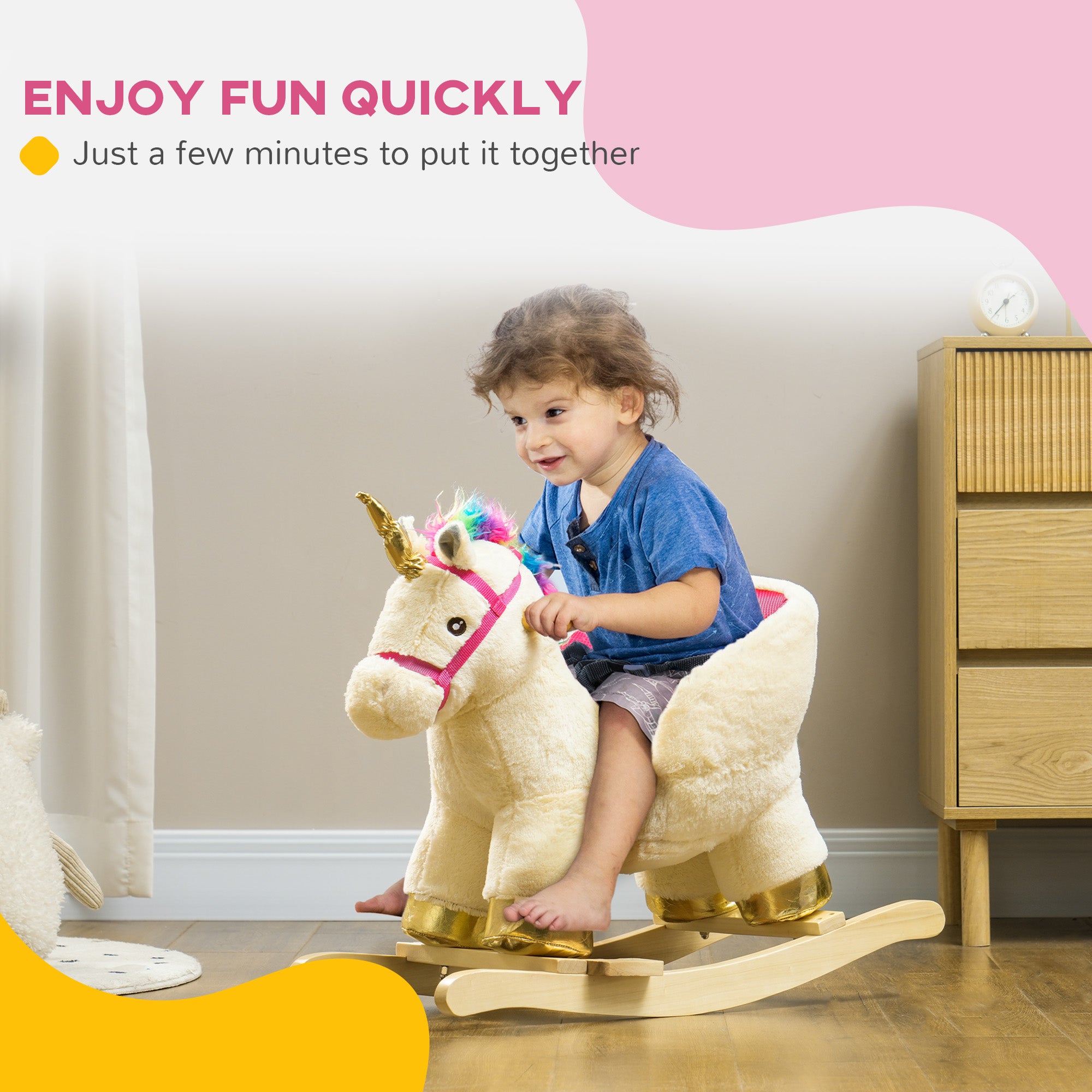 Rocking Horse Unicorn with Sound, Safety Belt, Wooden Base, for 18-36 Months Rocking Horses at Gallery Canada