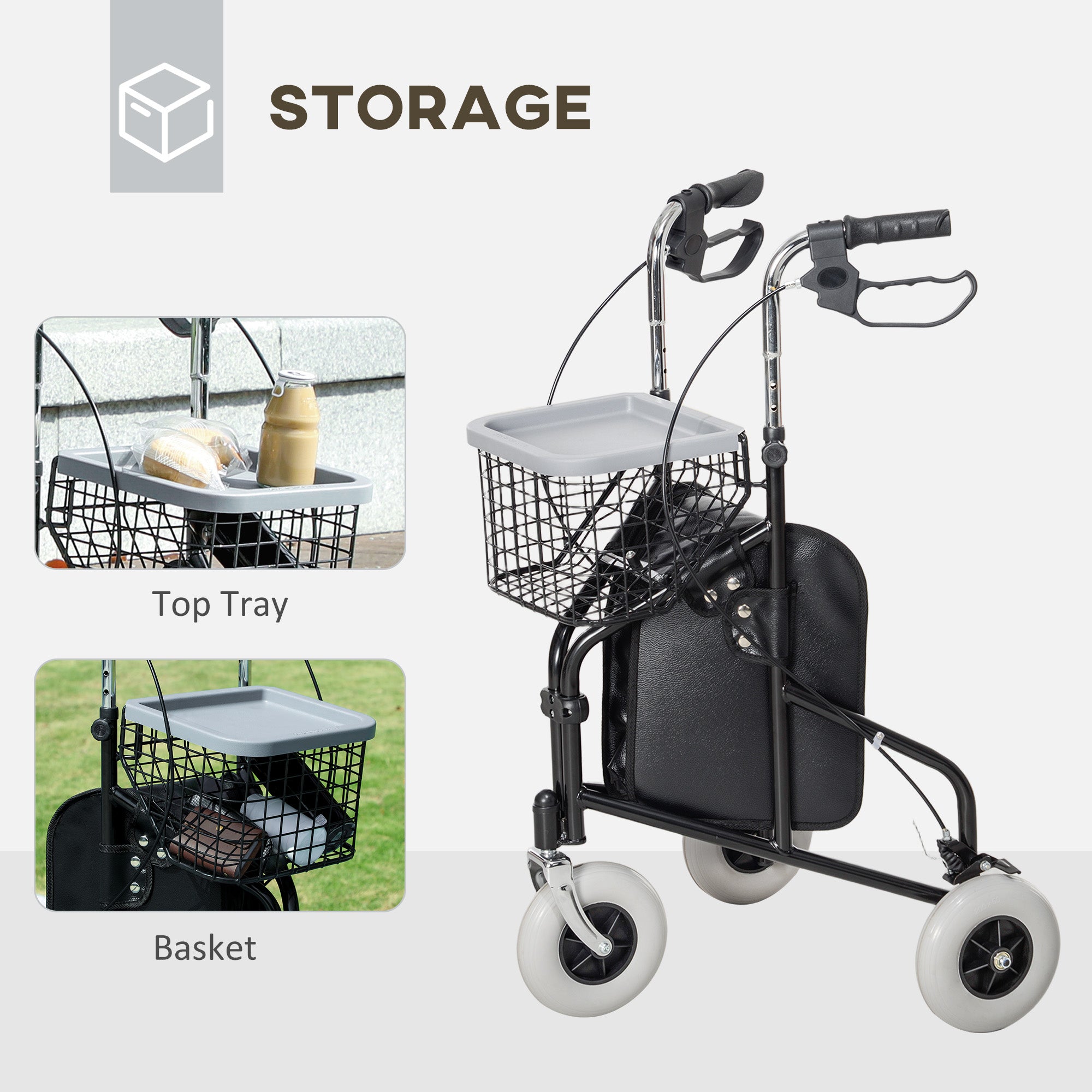 Upright Walker Up Rollator, Rolling Walker with Wheels, Storage Bag, Tray, Adjustable Handle Height, Black Knee Walker & Wheelchair Ramps at Gallery Canada