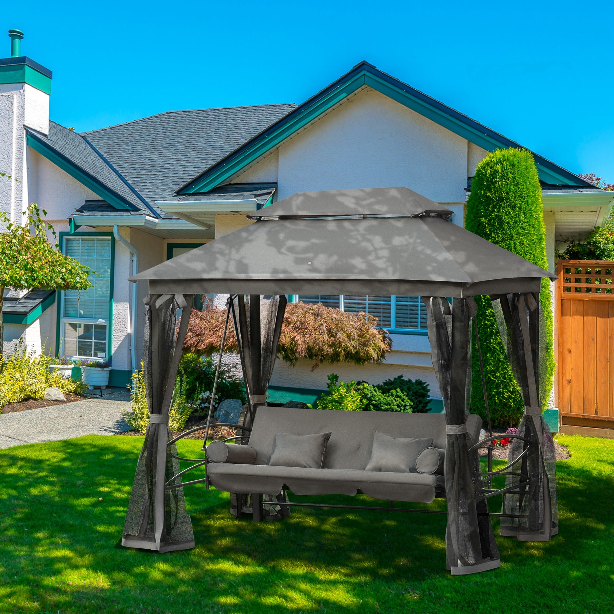 3 Person Outdoor Patio Daybed, 3 in 1 Canopy Gazebo Swing Chair Garden Hammock with Sun Shade, Mesh Mosquito and Net, Dark Grey Patio Swings with Stand at Gallery Canada